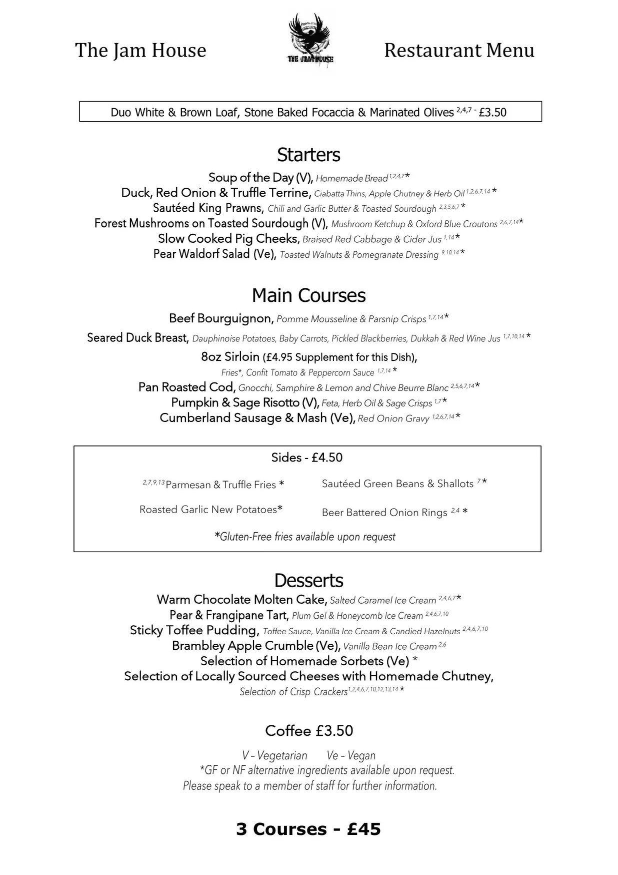 The Jam House menu, page 1