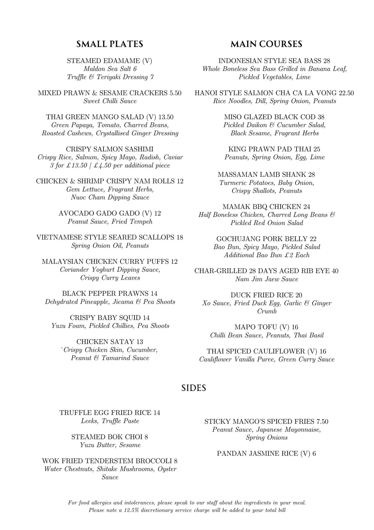 Sticky Mango Waterloo menu, page 1