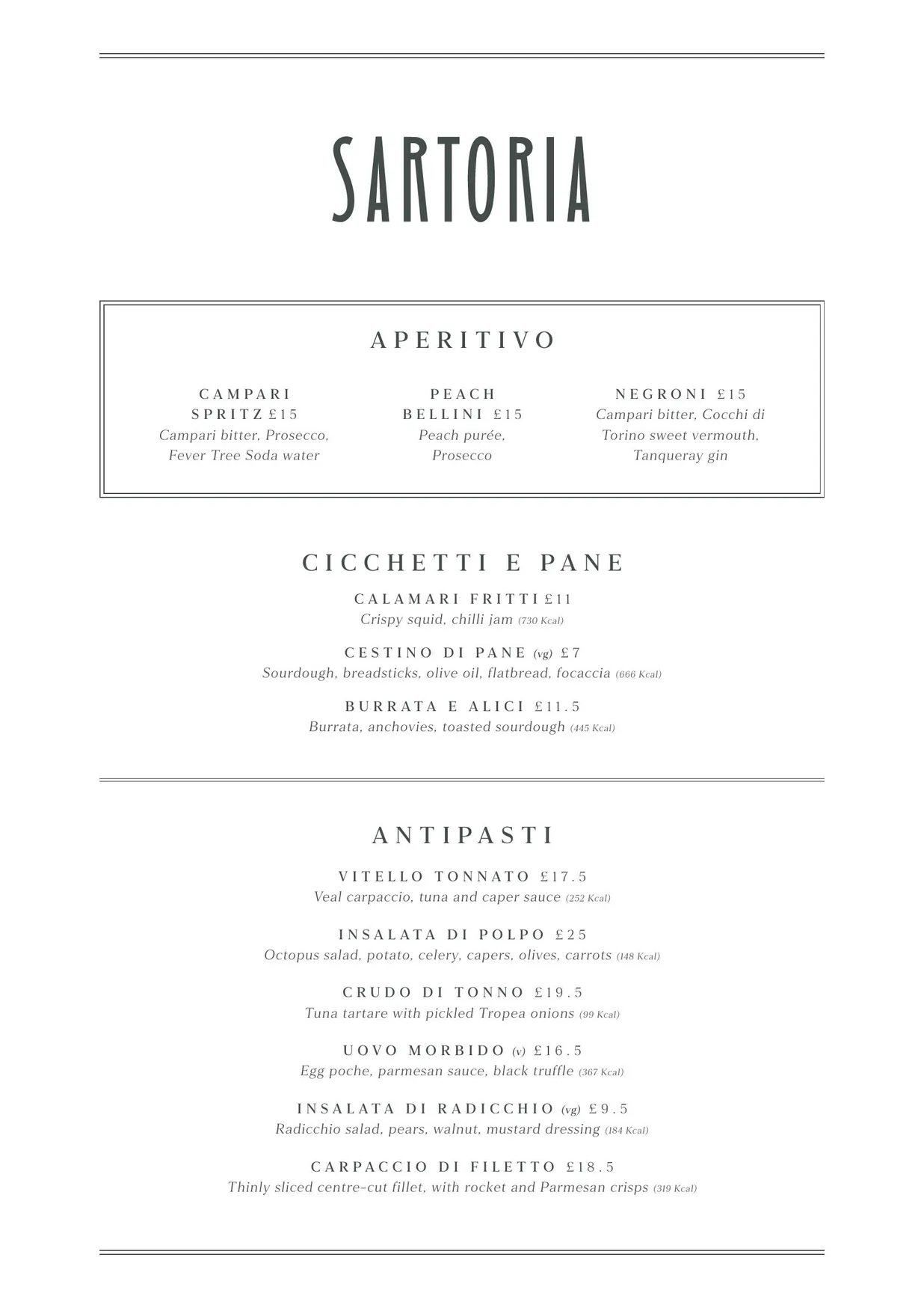 Sartoria menu, page 1
