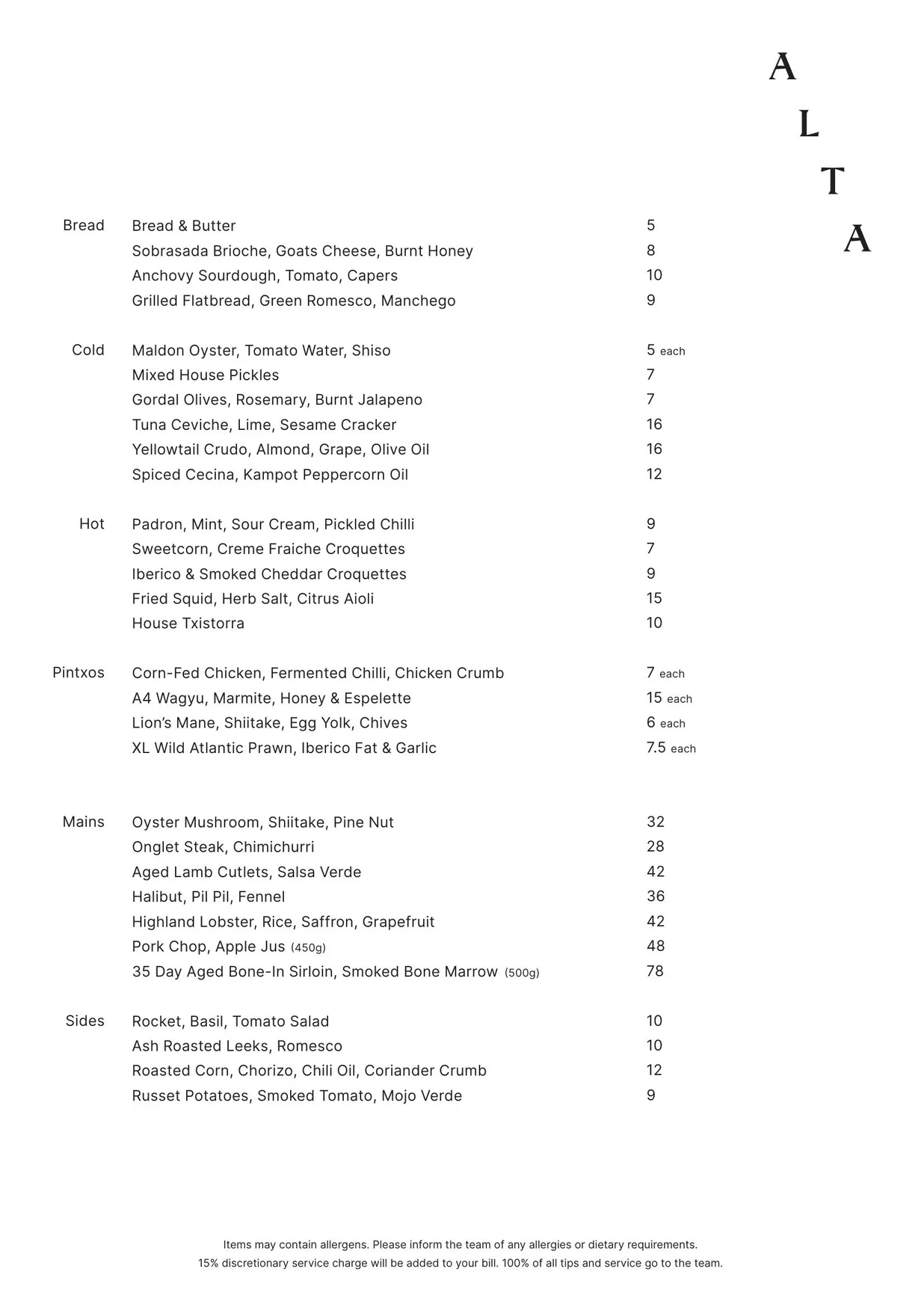 Alta menu, page 1
