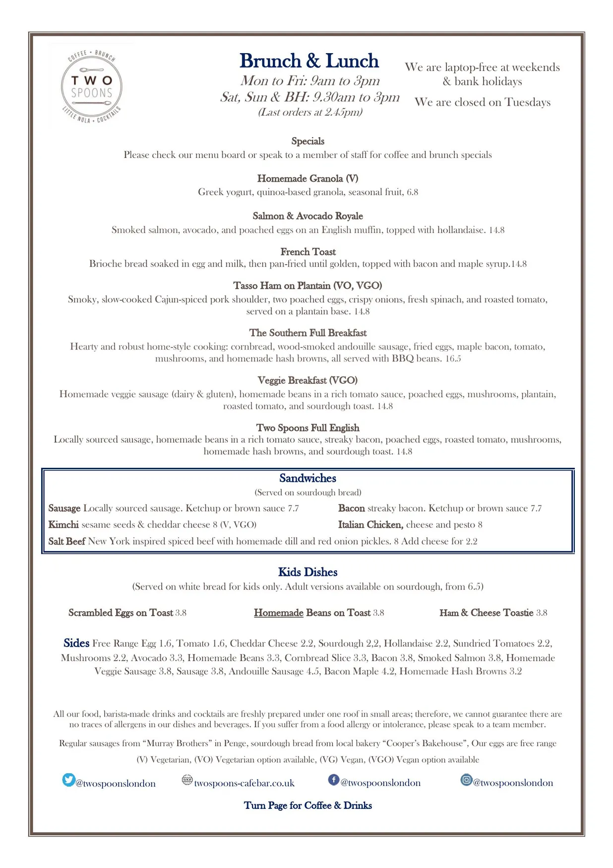 Two Spoons menu, page 1