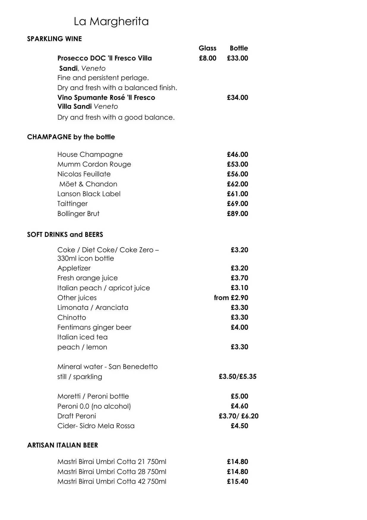 La Margherita menu, page 1