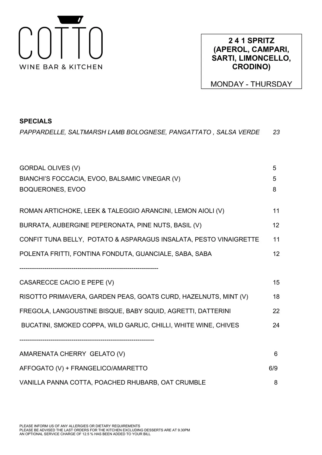 Cotto menu, page 1
