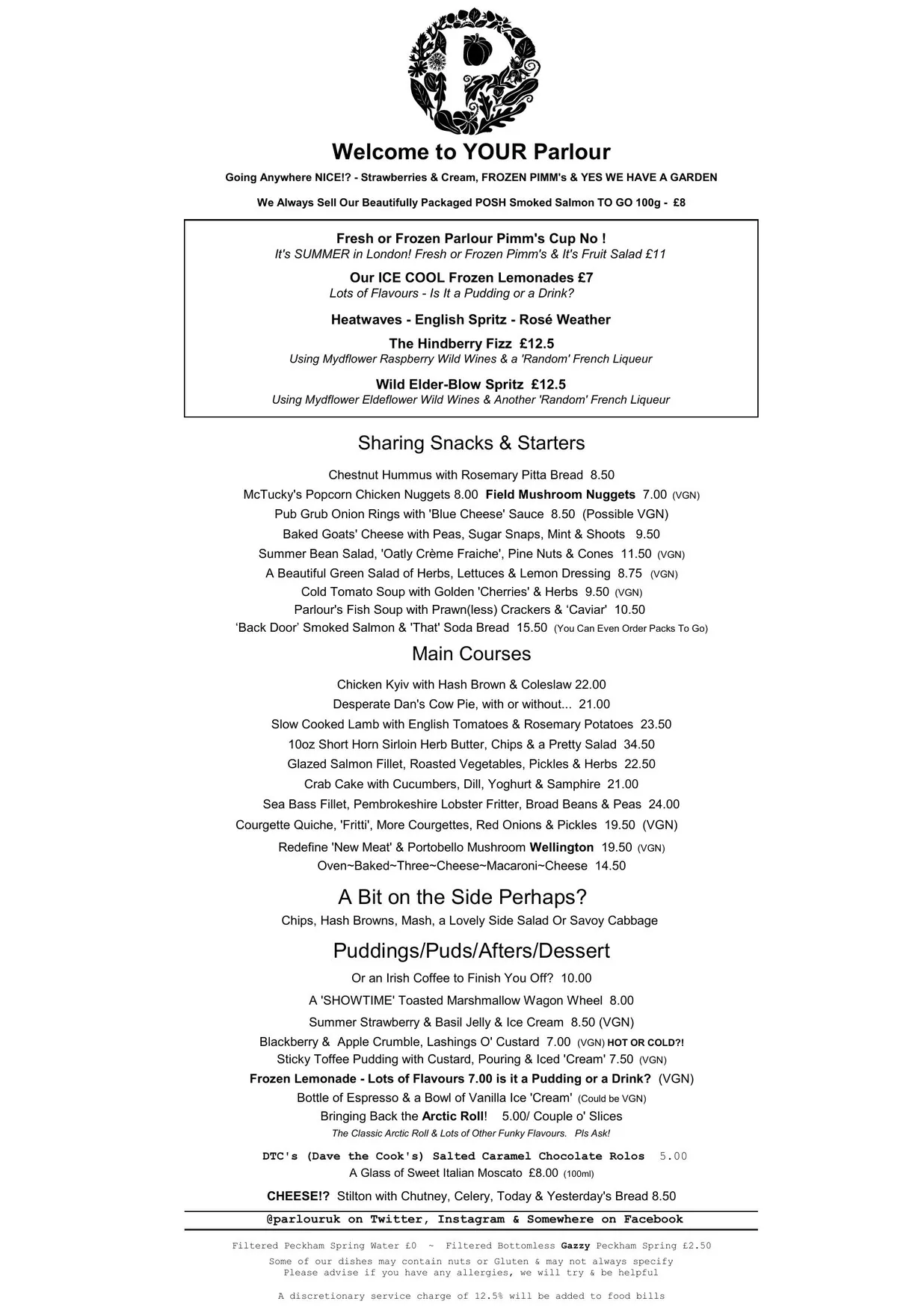Parlour menu, page 1