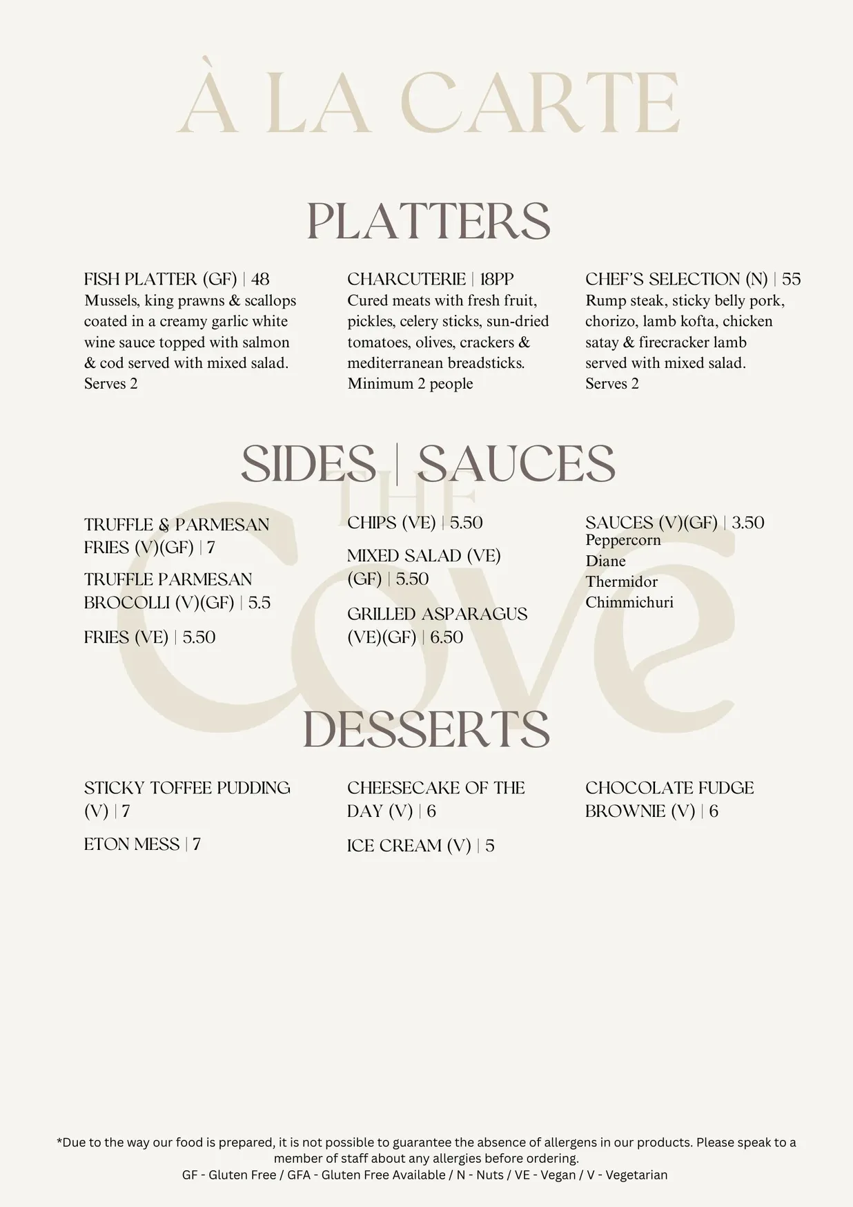The Cove menu, page 2