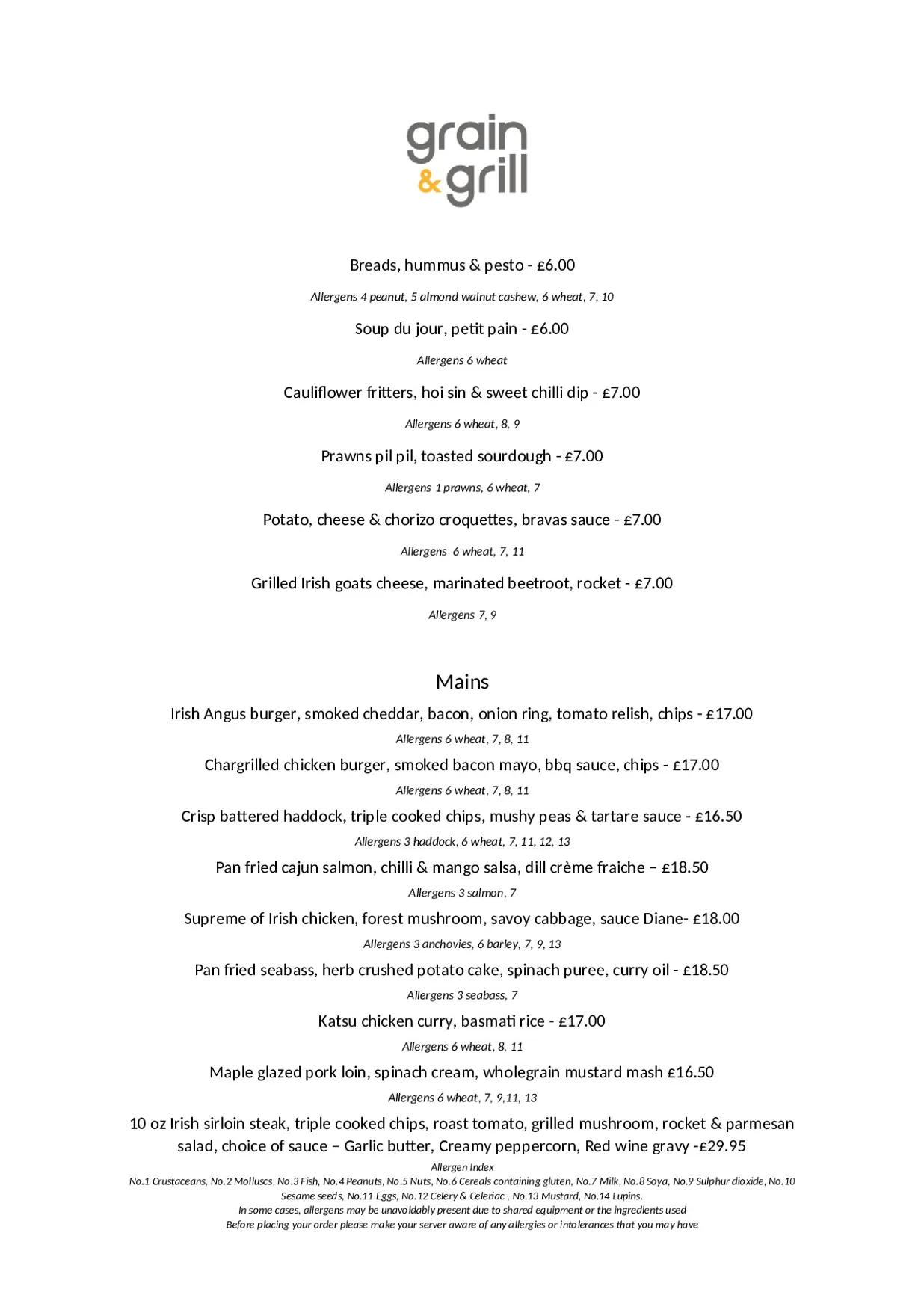 Grain & Grill menu, page 1