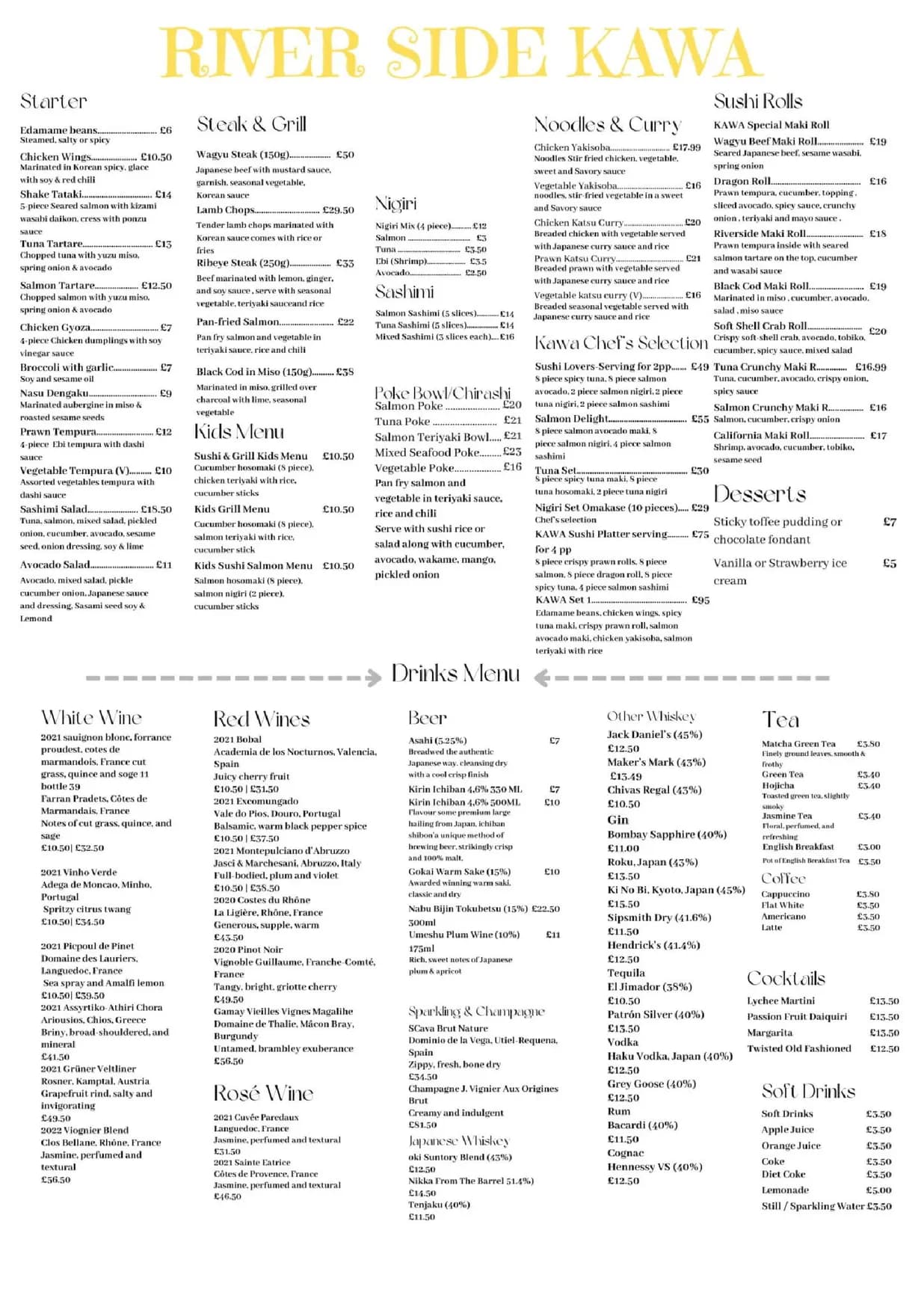 Riverside Kawa menu, page 1