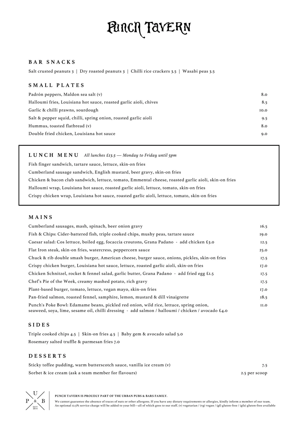 Punch Tavern menu, page 1