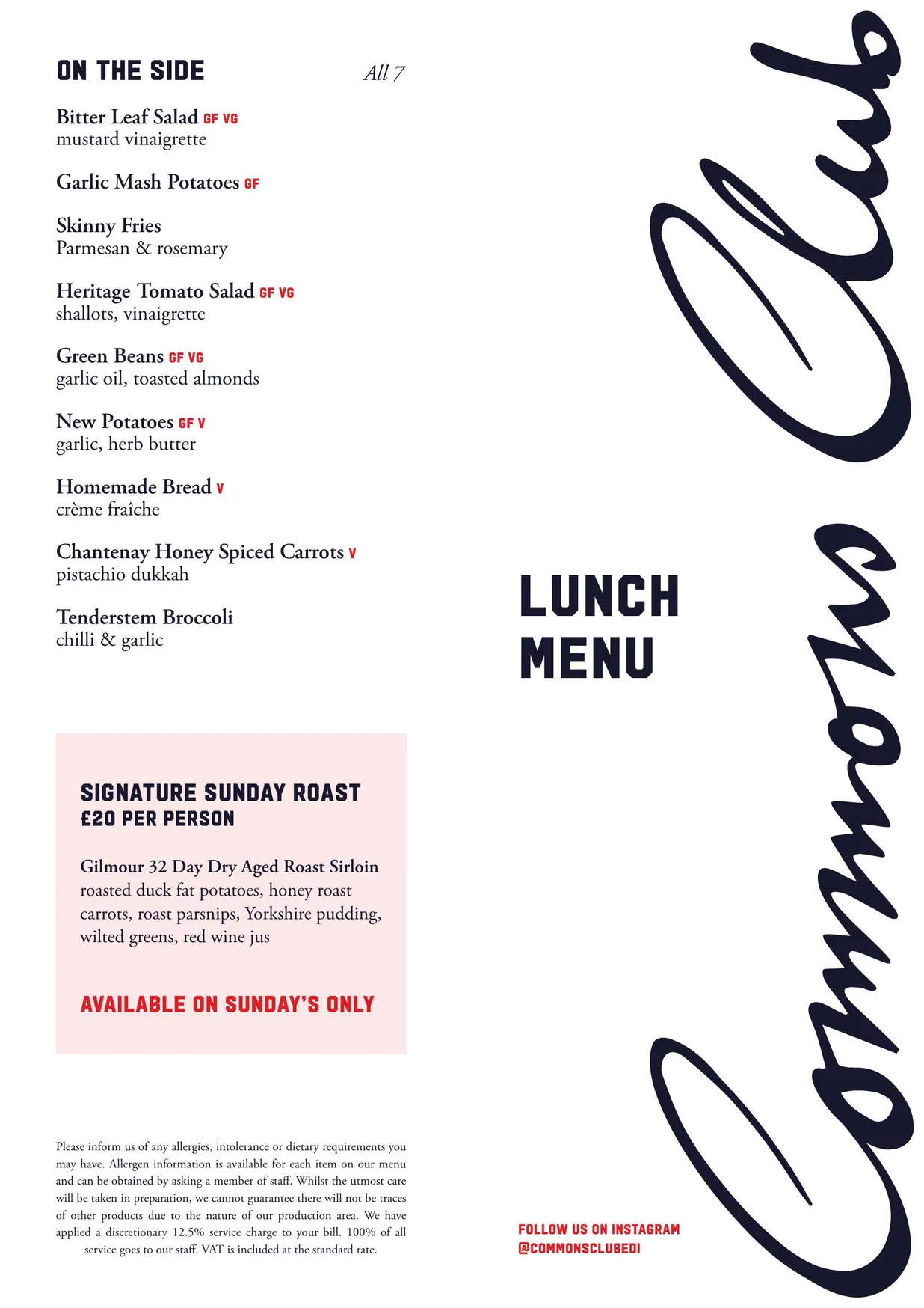 Commons Club menu, page 1