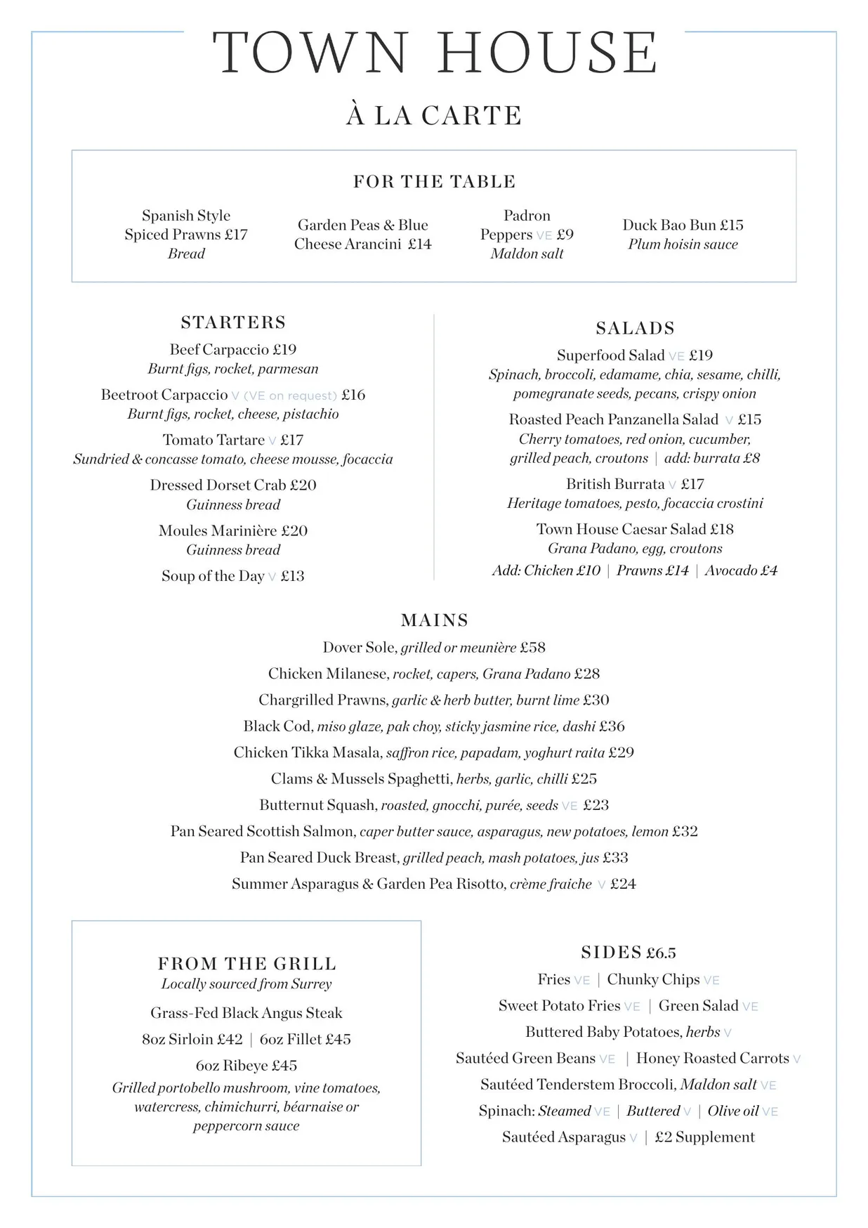 Town House menu, page 1