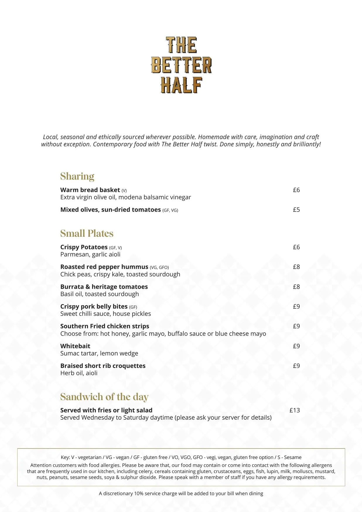 The Better Half Pub menu, page 1