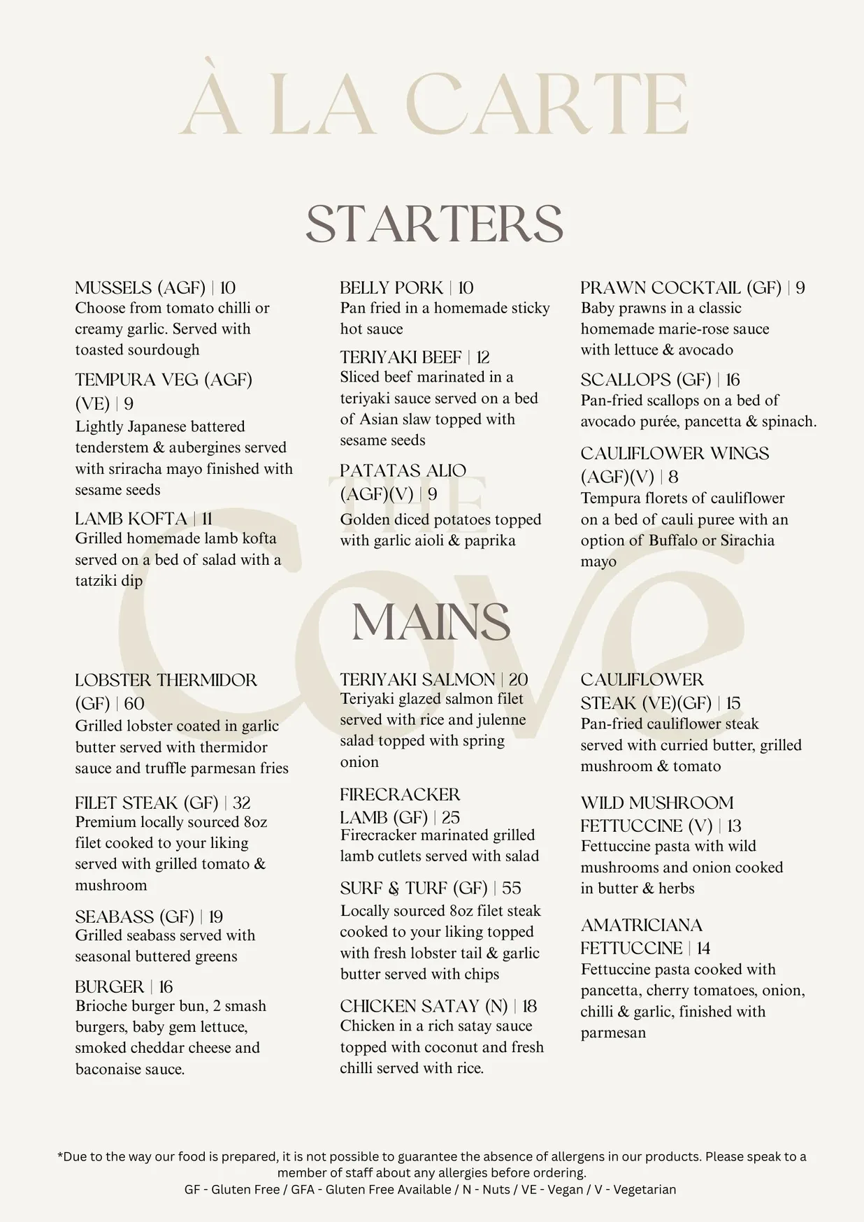 The Cove menu, page 1