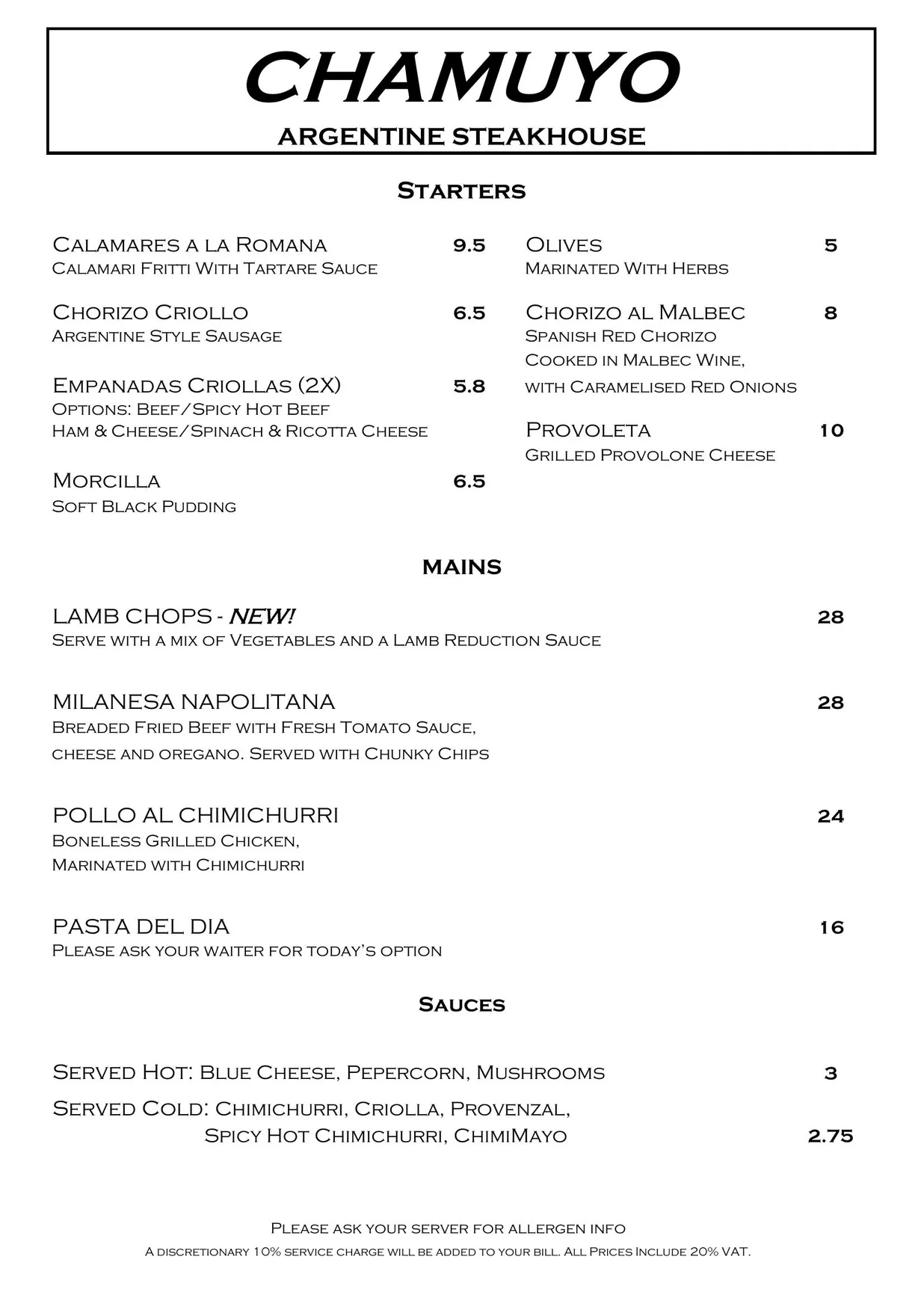 Chamuyo menu, page 1