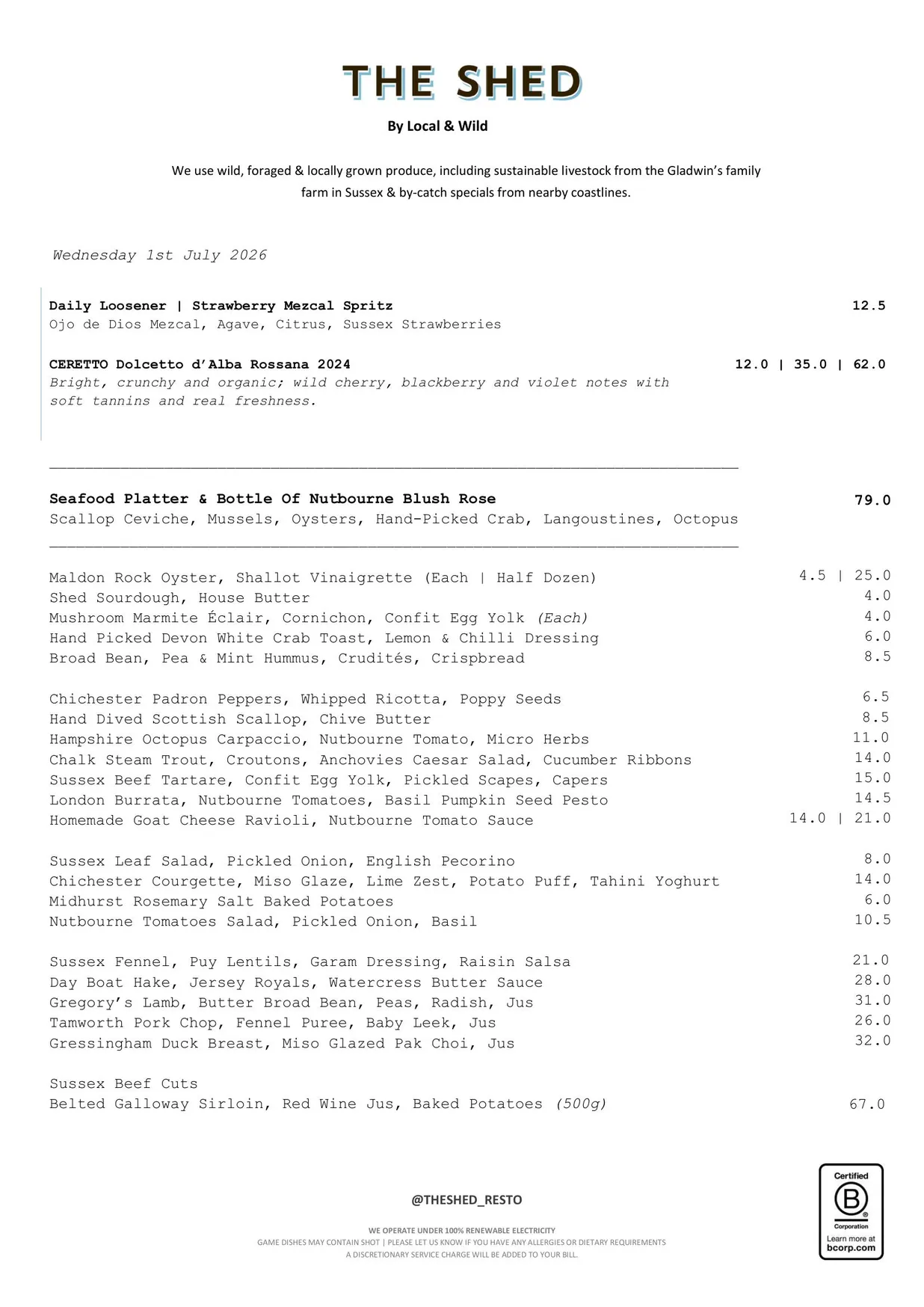 The Shed menu, page 1