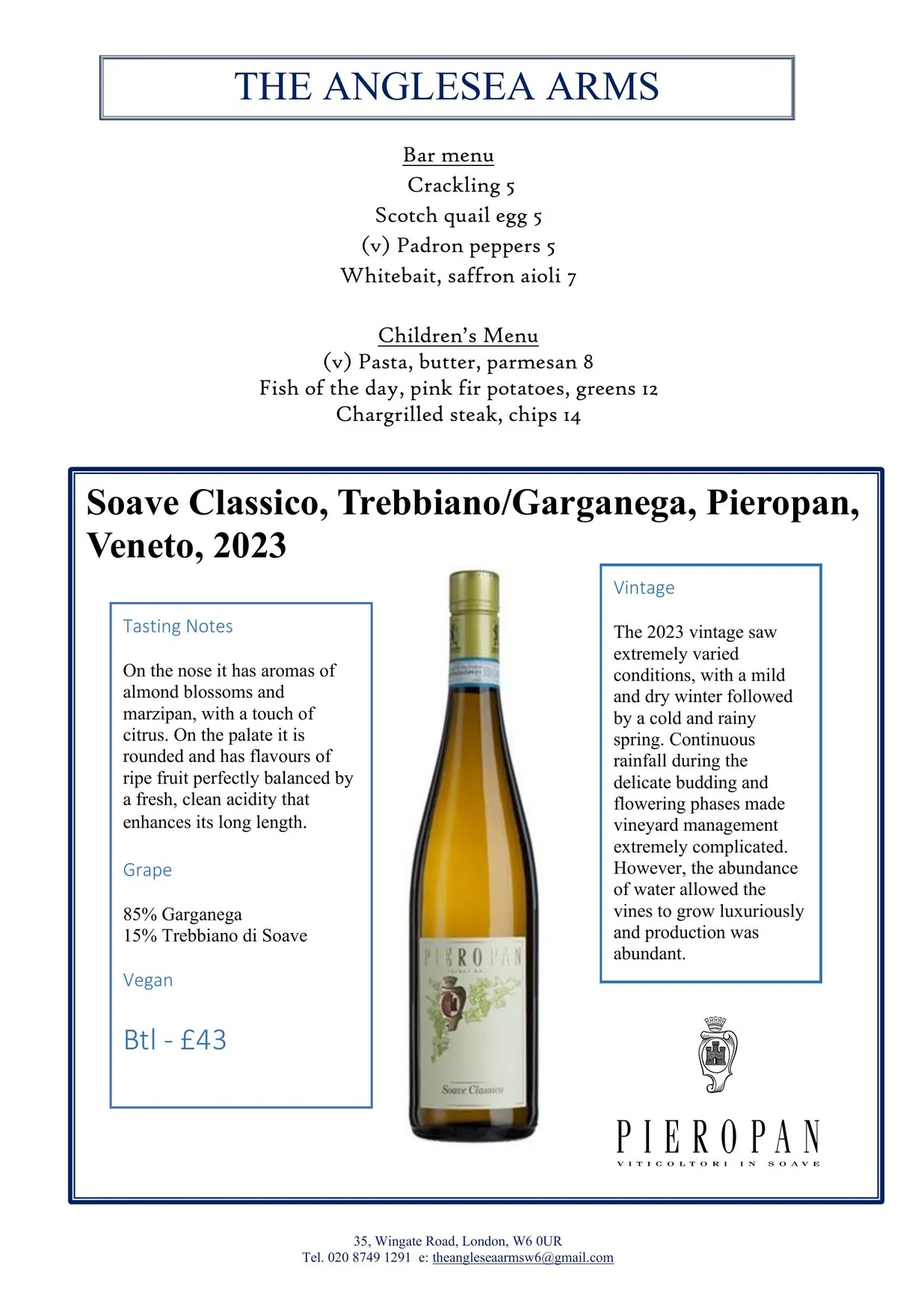 The Anglesea Arms menu, page 2
