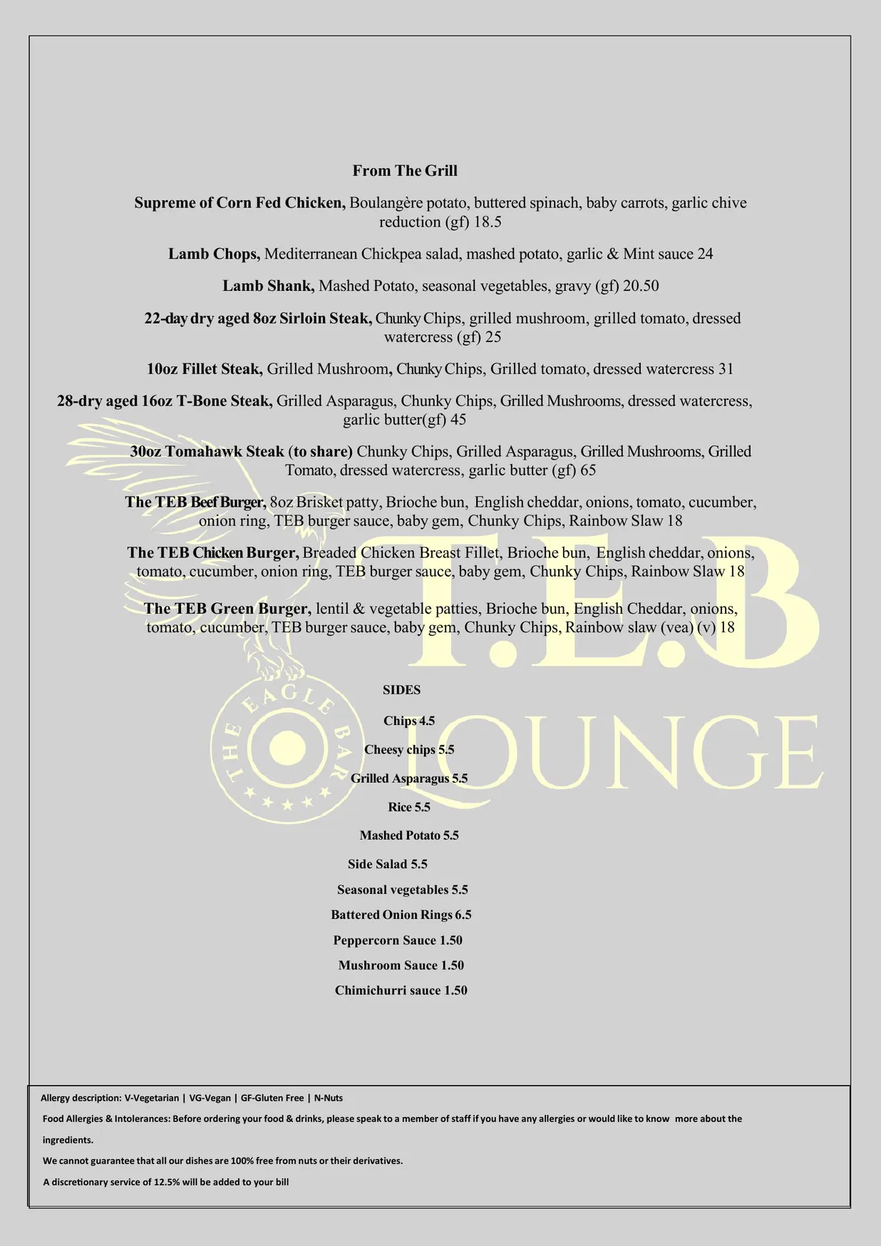TEB Lounge menu, page 2