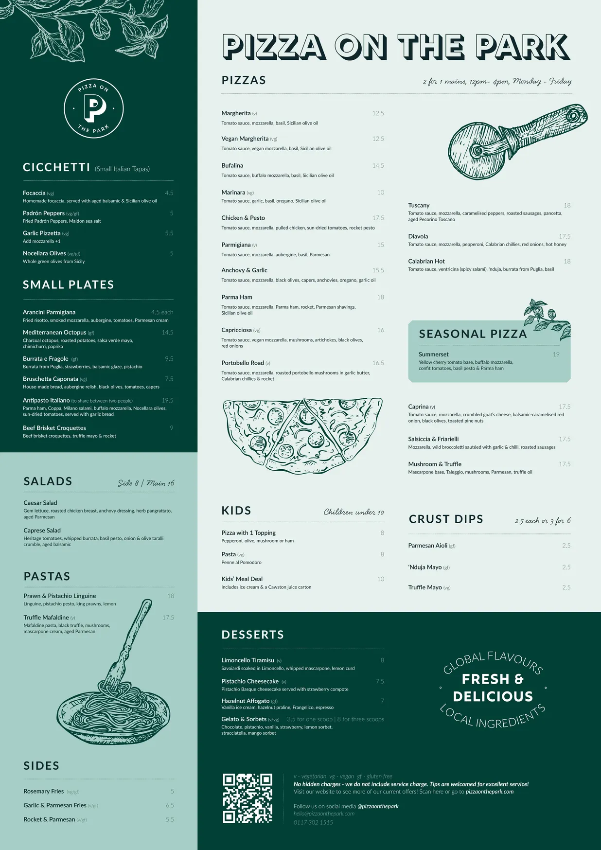 Pizza On The Park menu, page 1