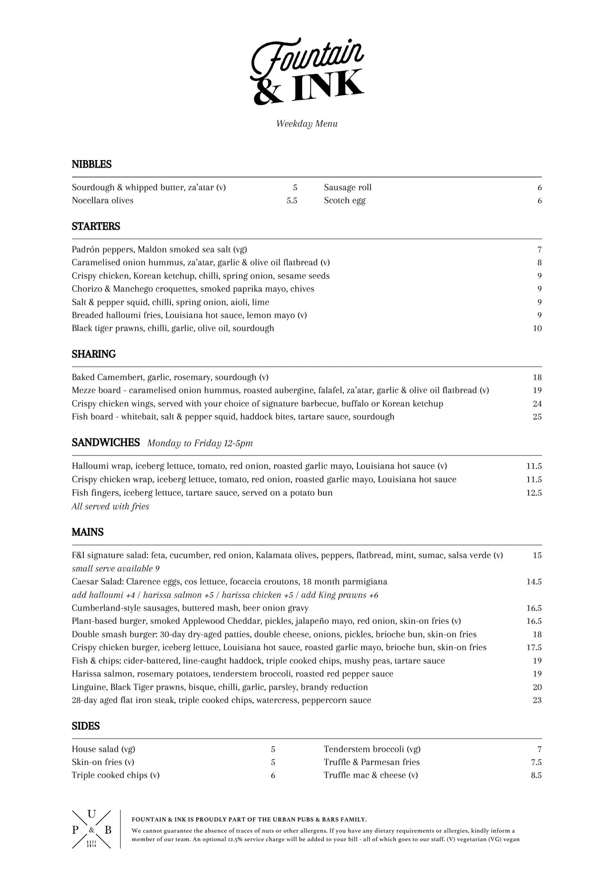 Fountain & Ink menu, page 2