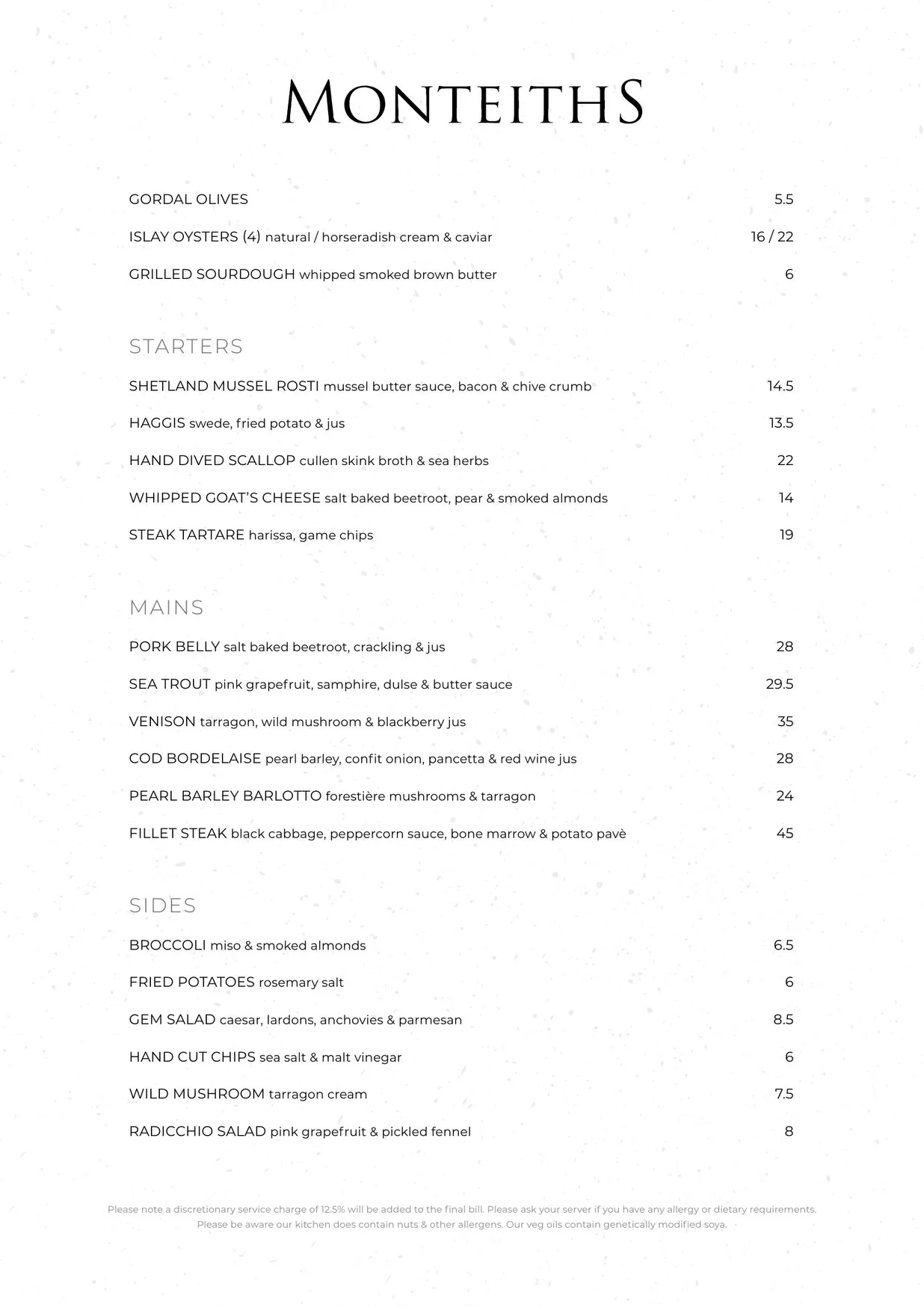 Monteiths menu, page 1