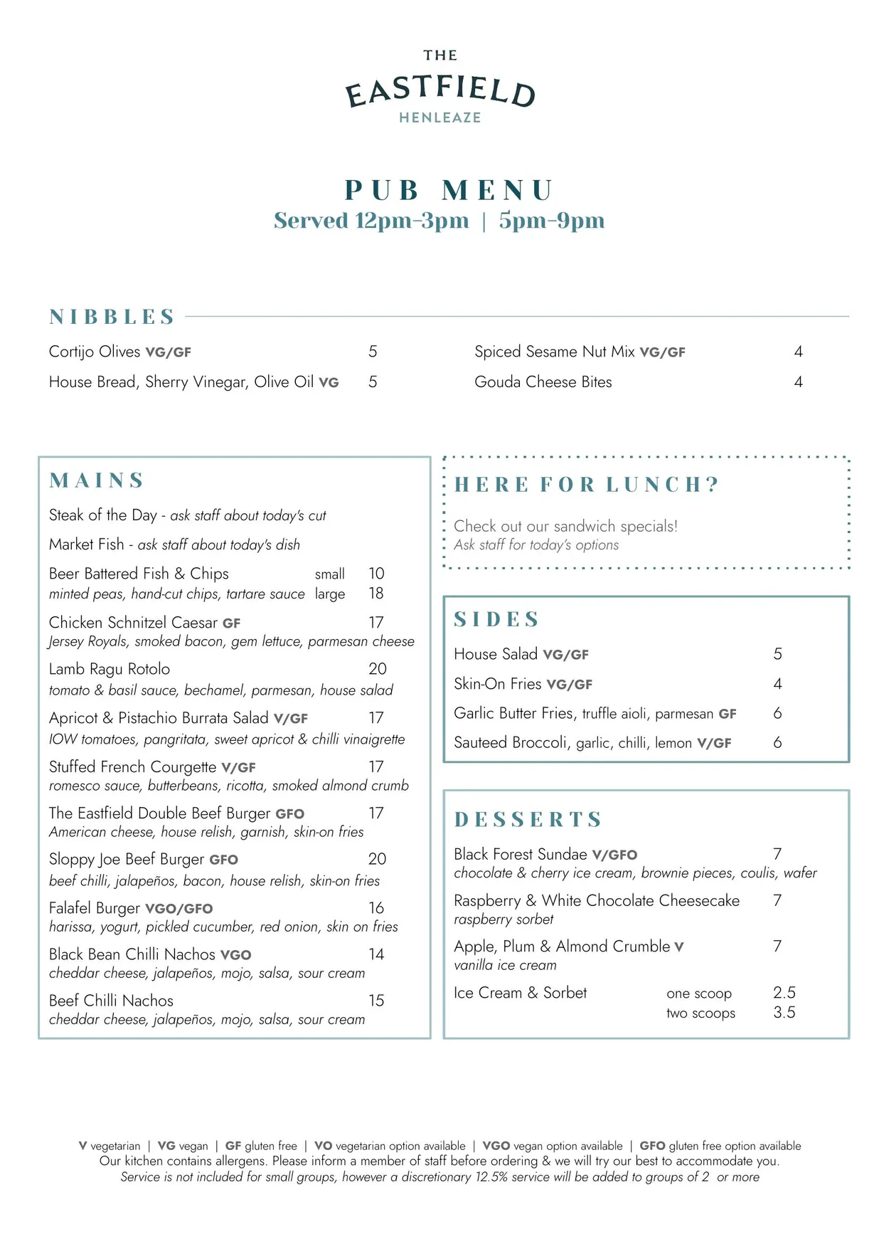 The Eastfield Pub menu, page 2