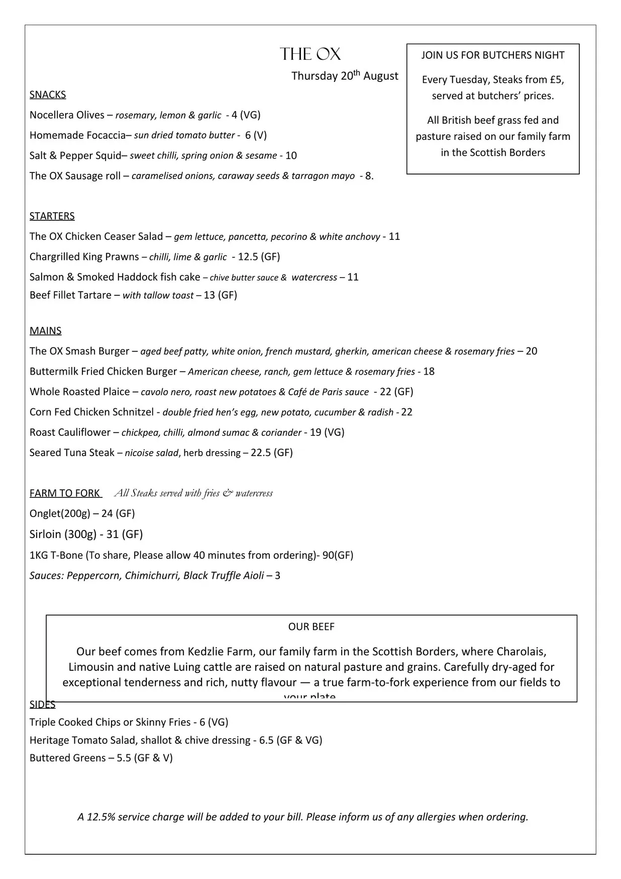 The Ox menu, page 1