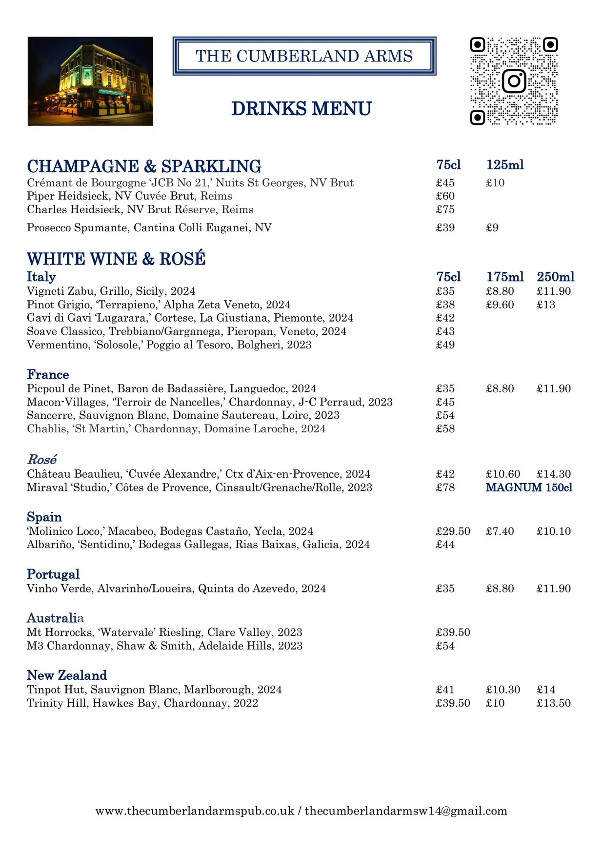 The Cumberland Arms menu, page 4