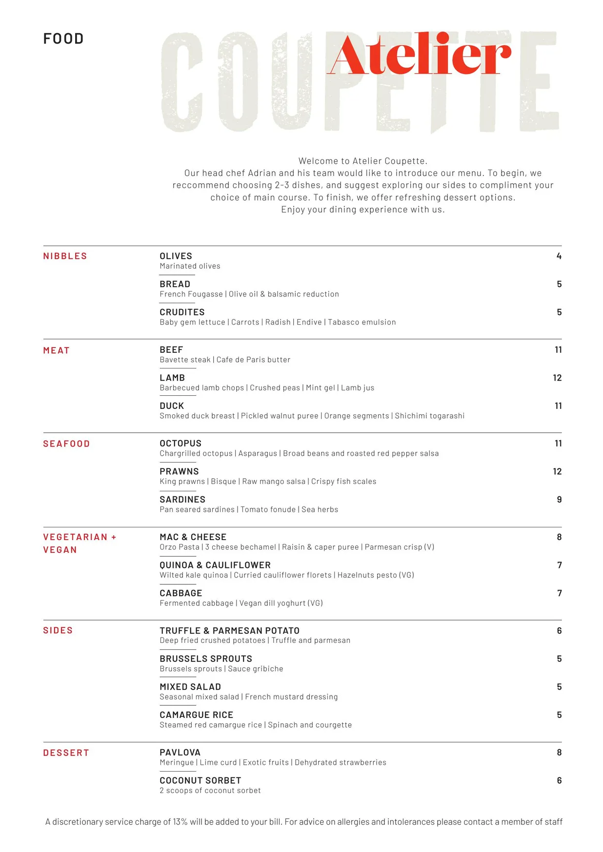 Atelier Coupette menu, page 1