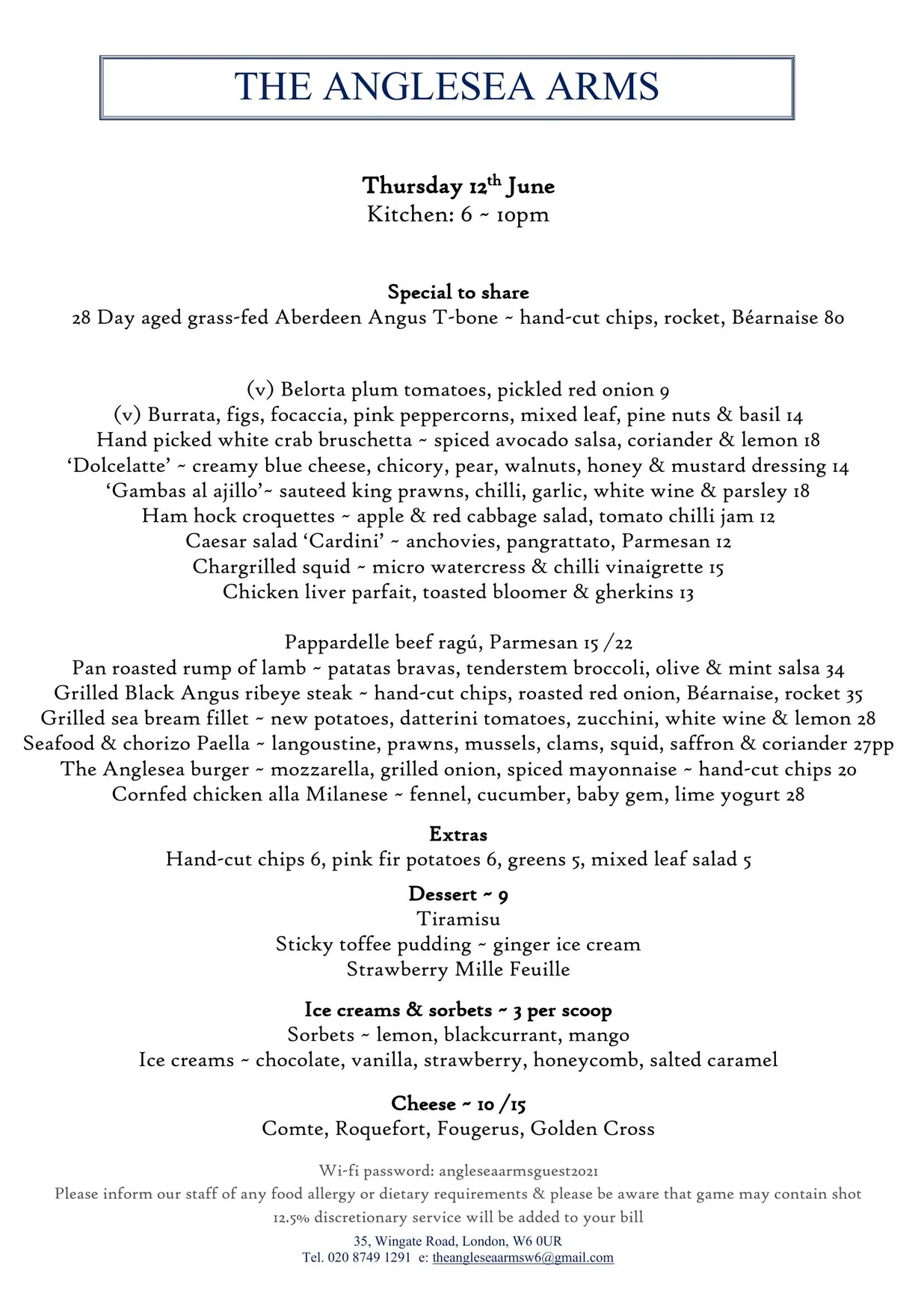 The Anglesea Arms menu, page 1