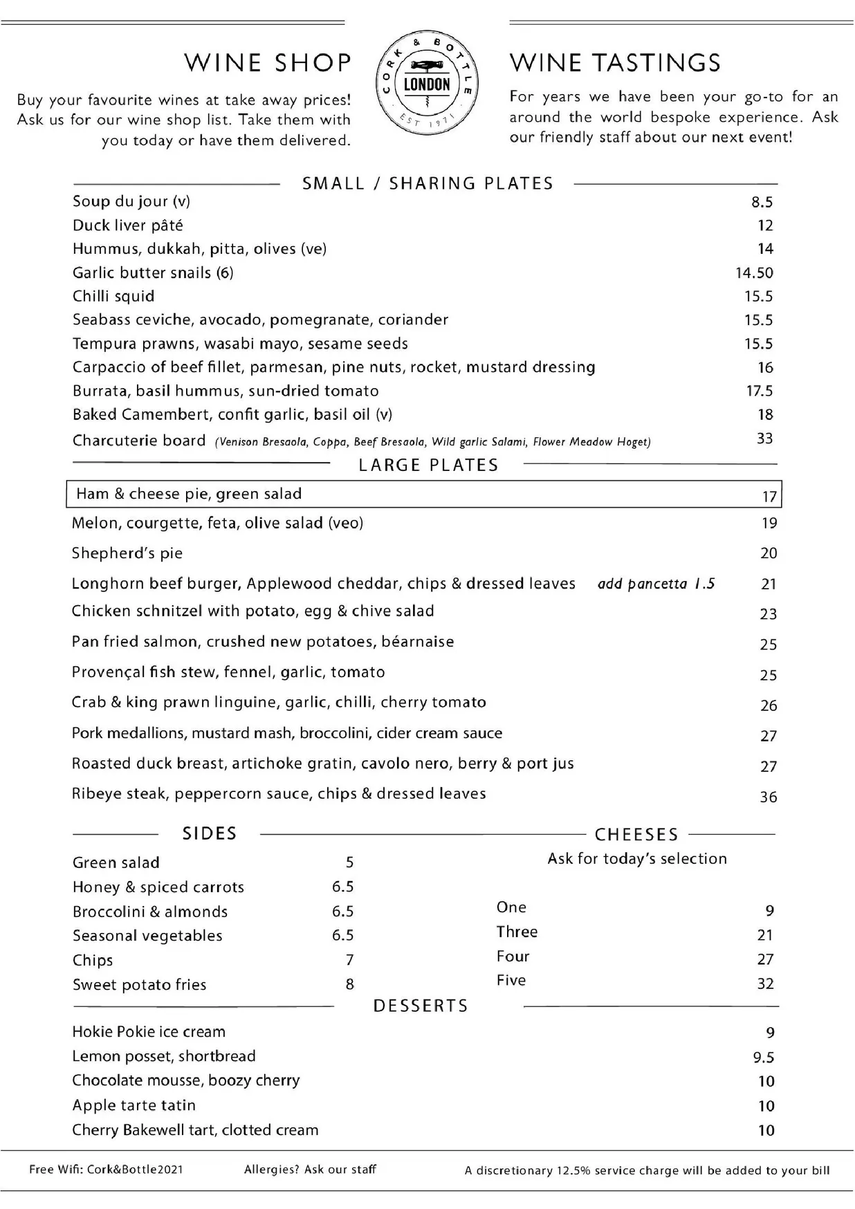 Cork & Bottle menu, page 1