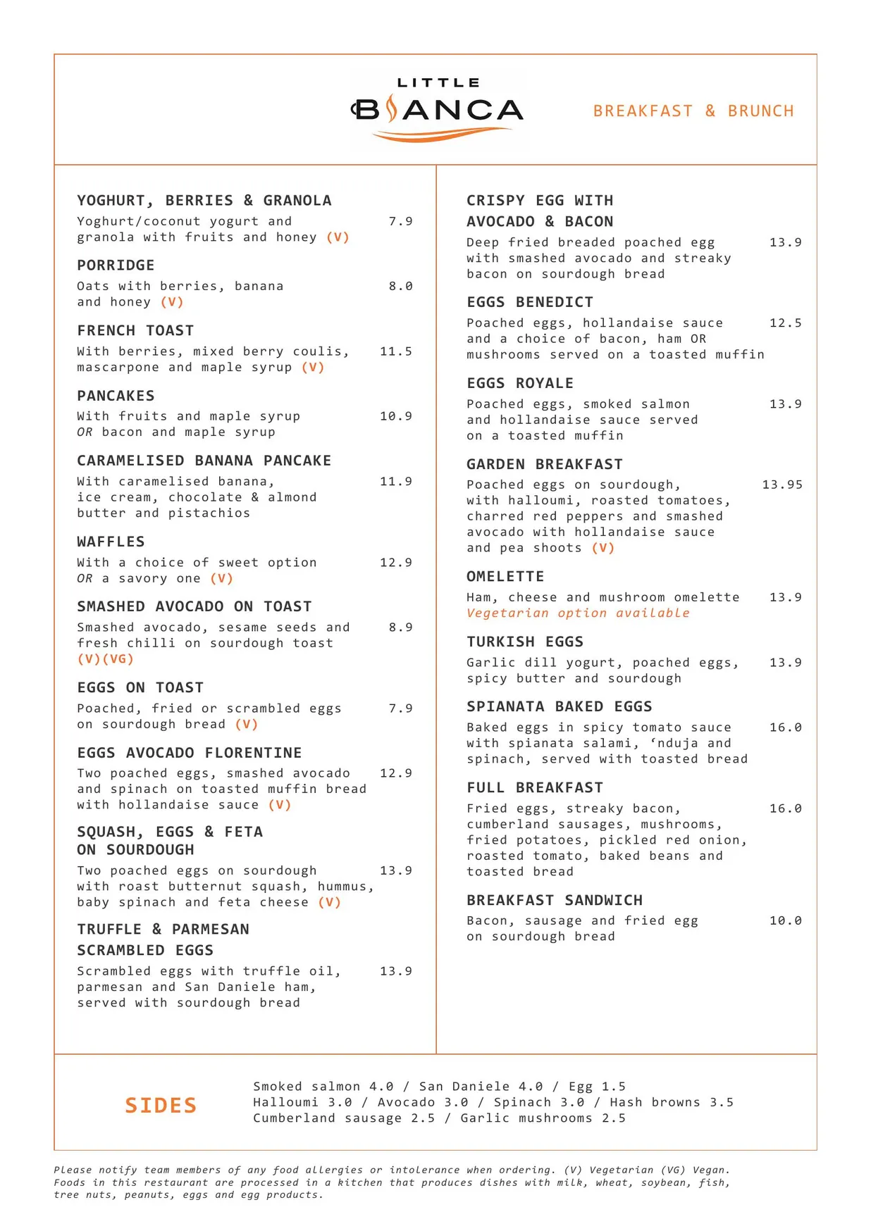 Little Bianca menu, page 1