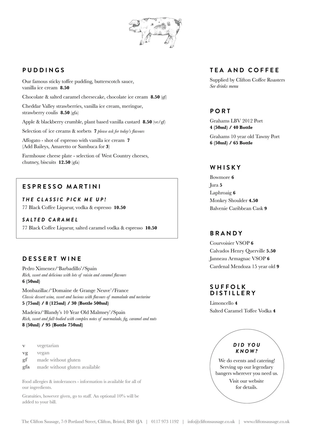 The Clifton Sausage menu, page 2