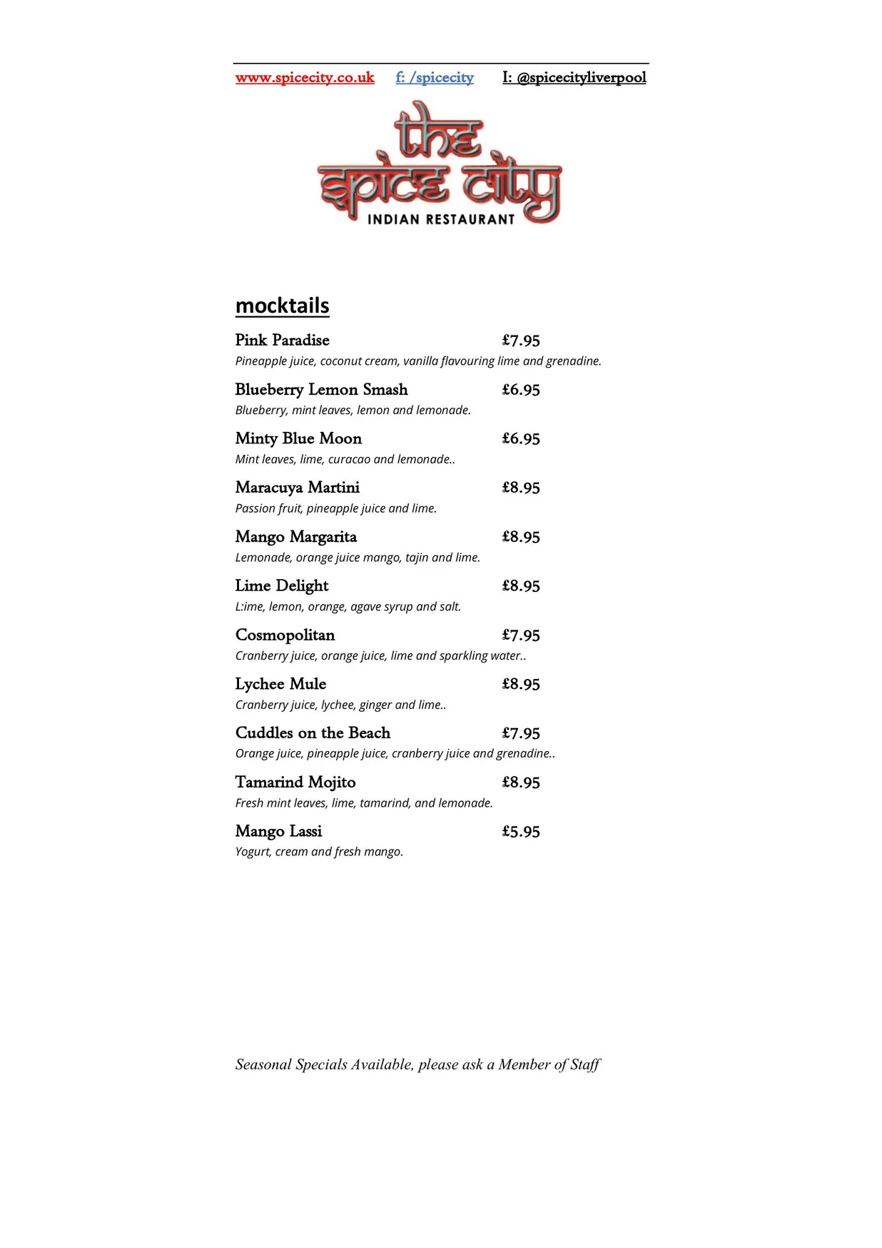 Spice City menu, page 8