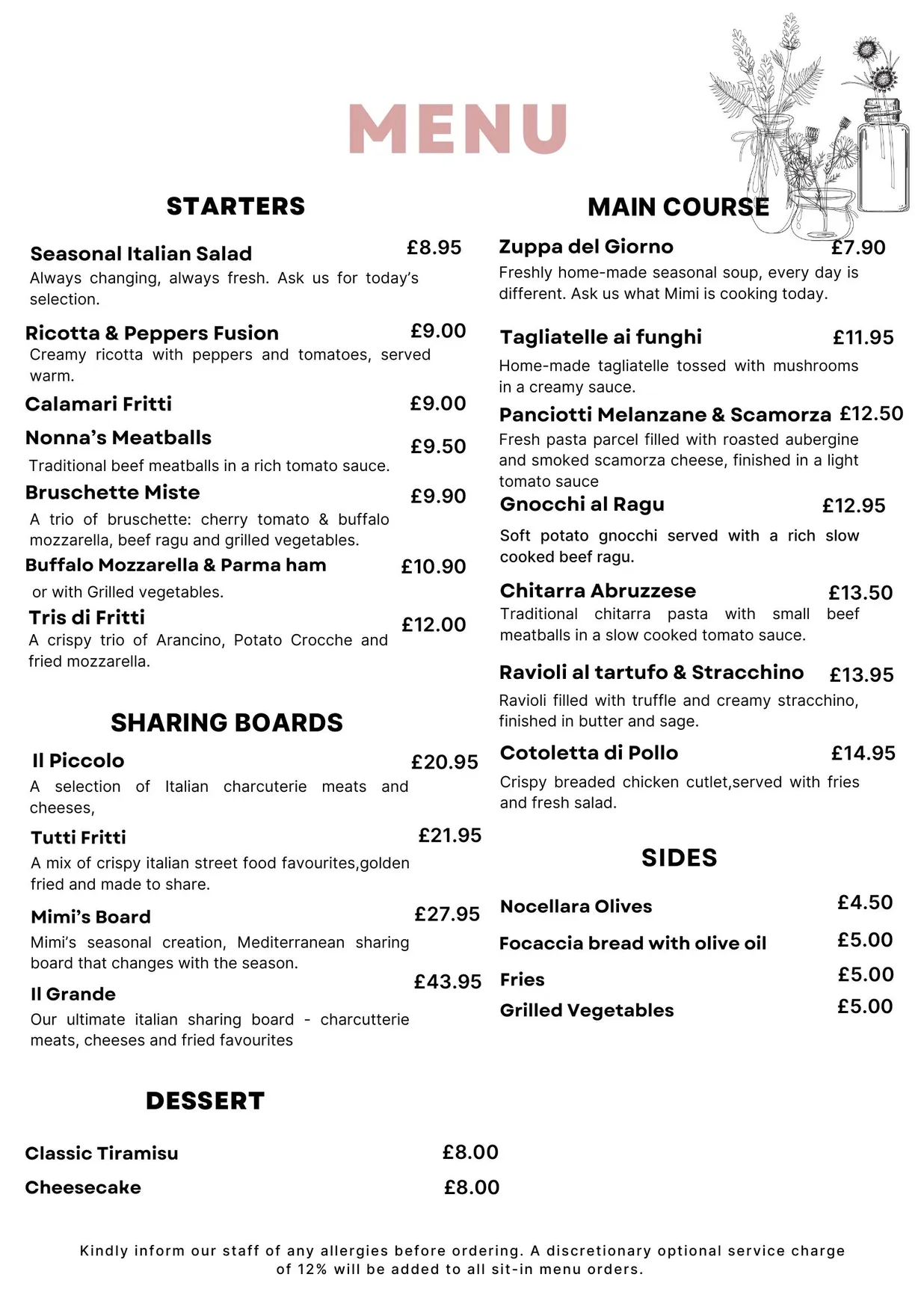 La Tazza menu, page 1