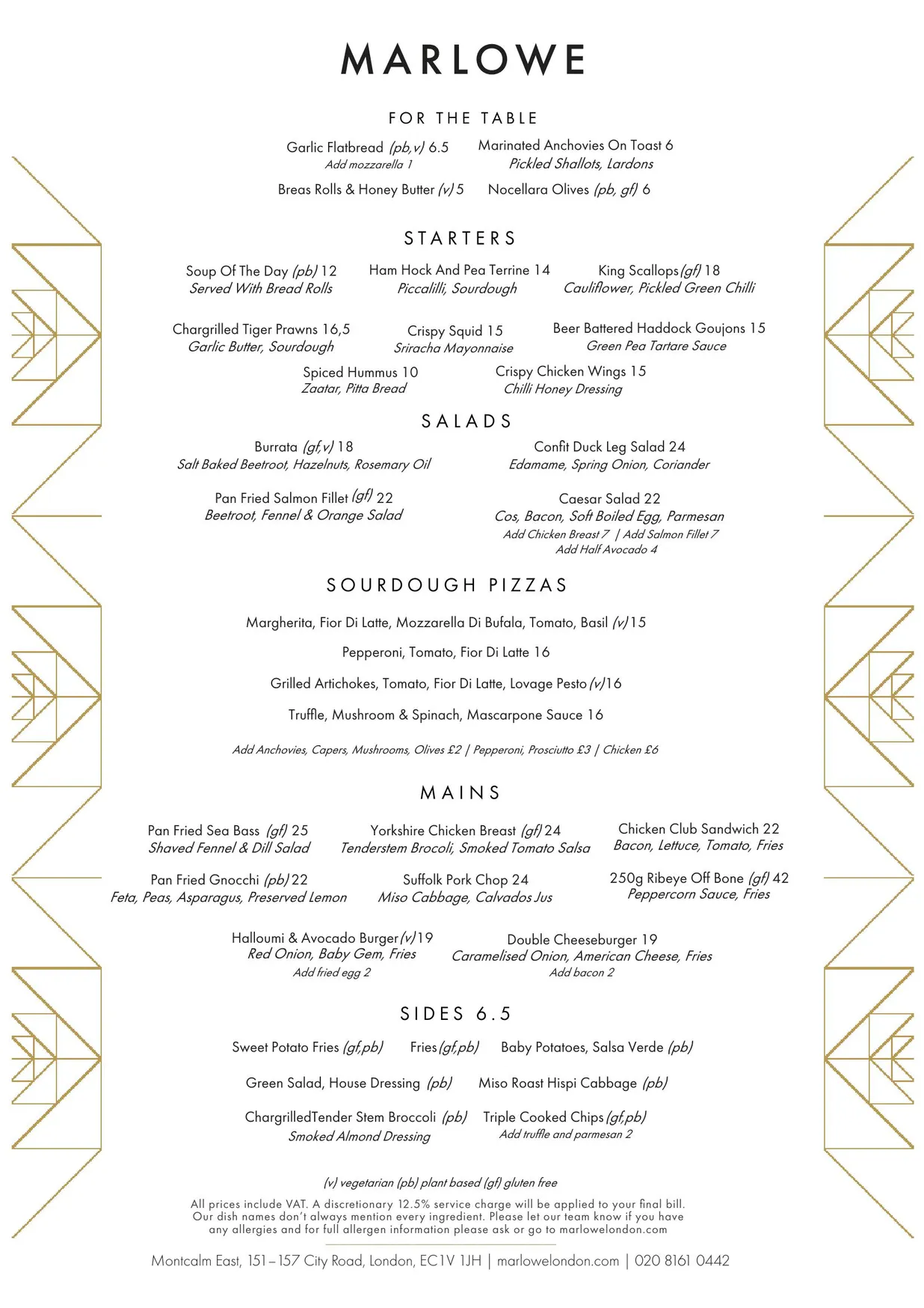 Marlowe menu, page 1