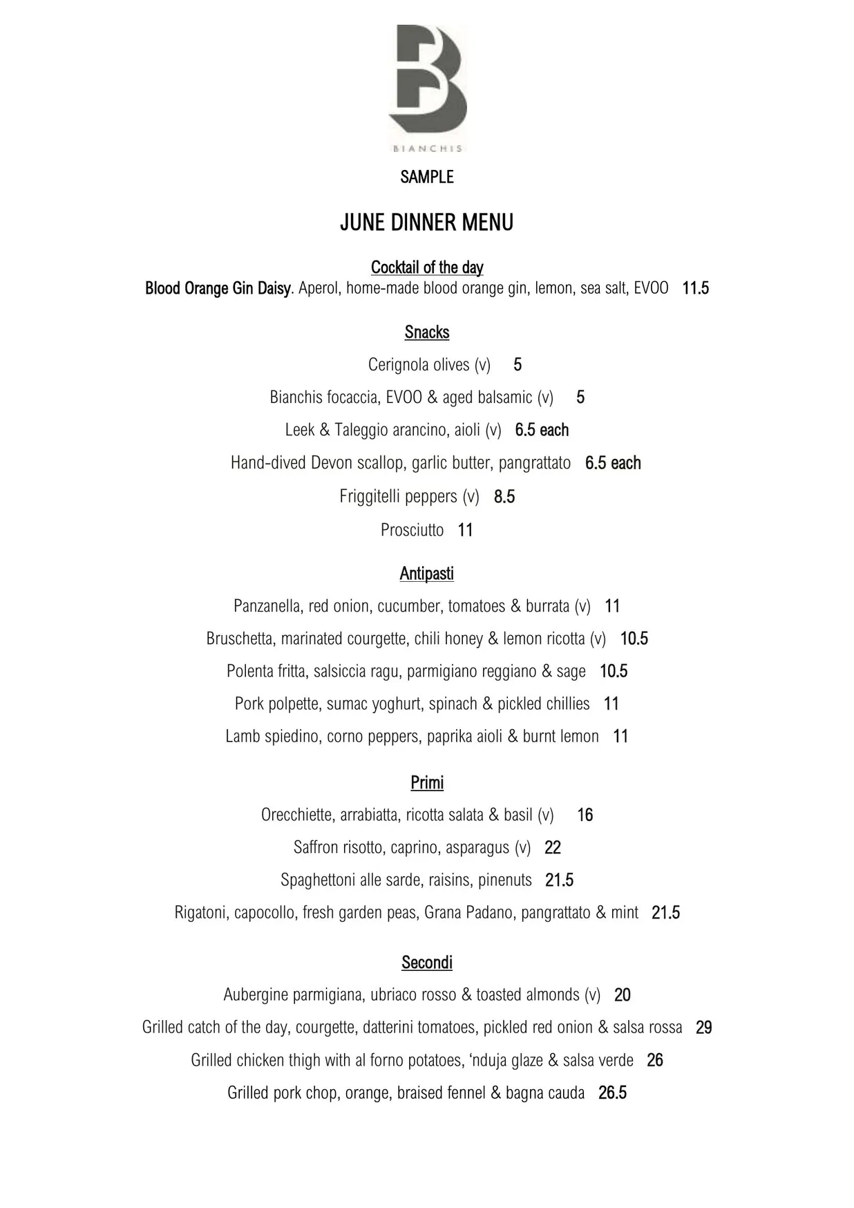 Bianchis menu, page 1