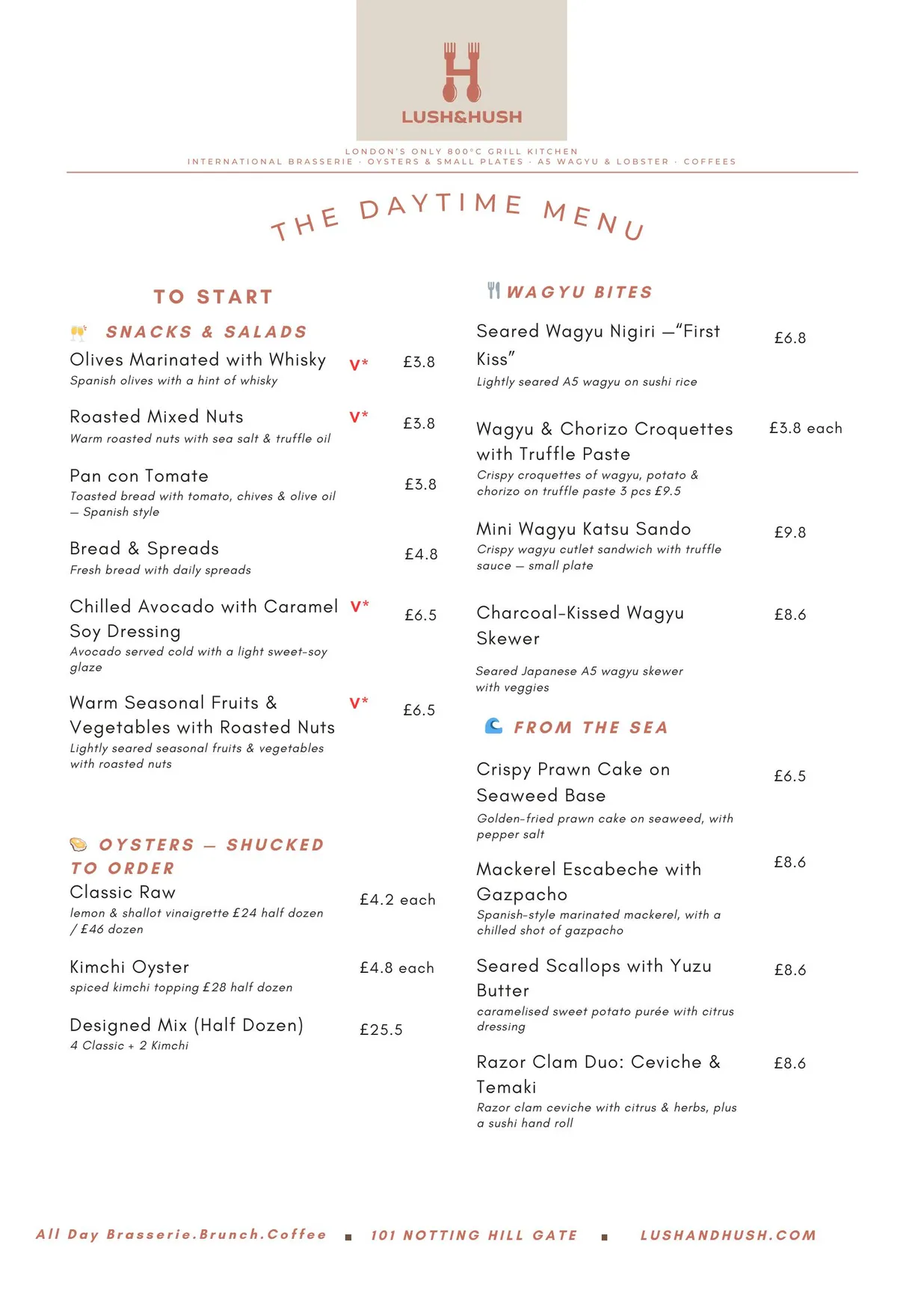 Lush and Hush menu, page 1
