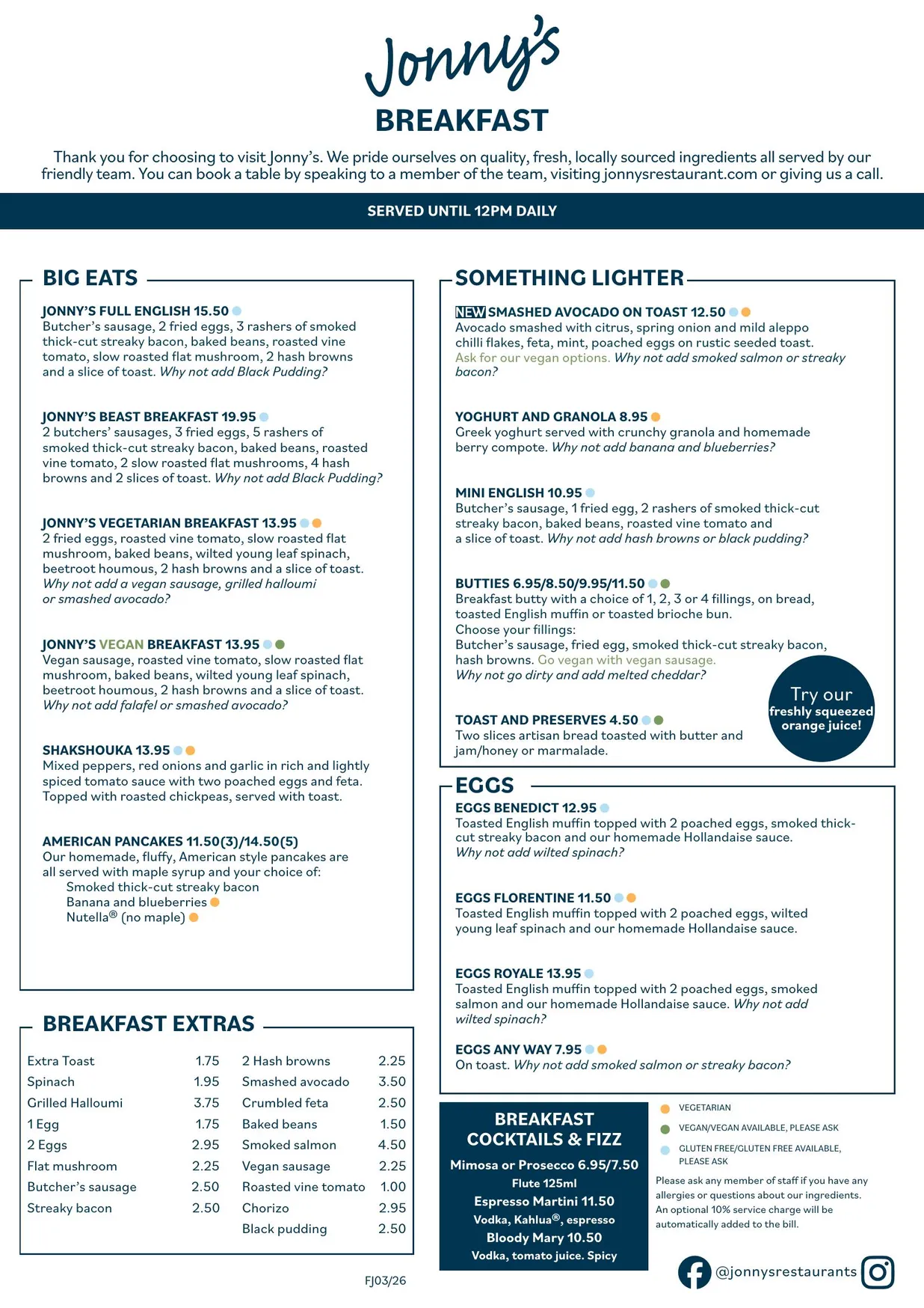 Jonny's Worthing menu, page 1