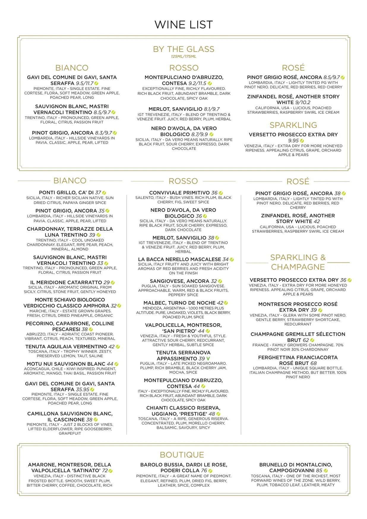 Italiana Fifty Five Great Northern menu, page 4