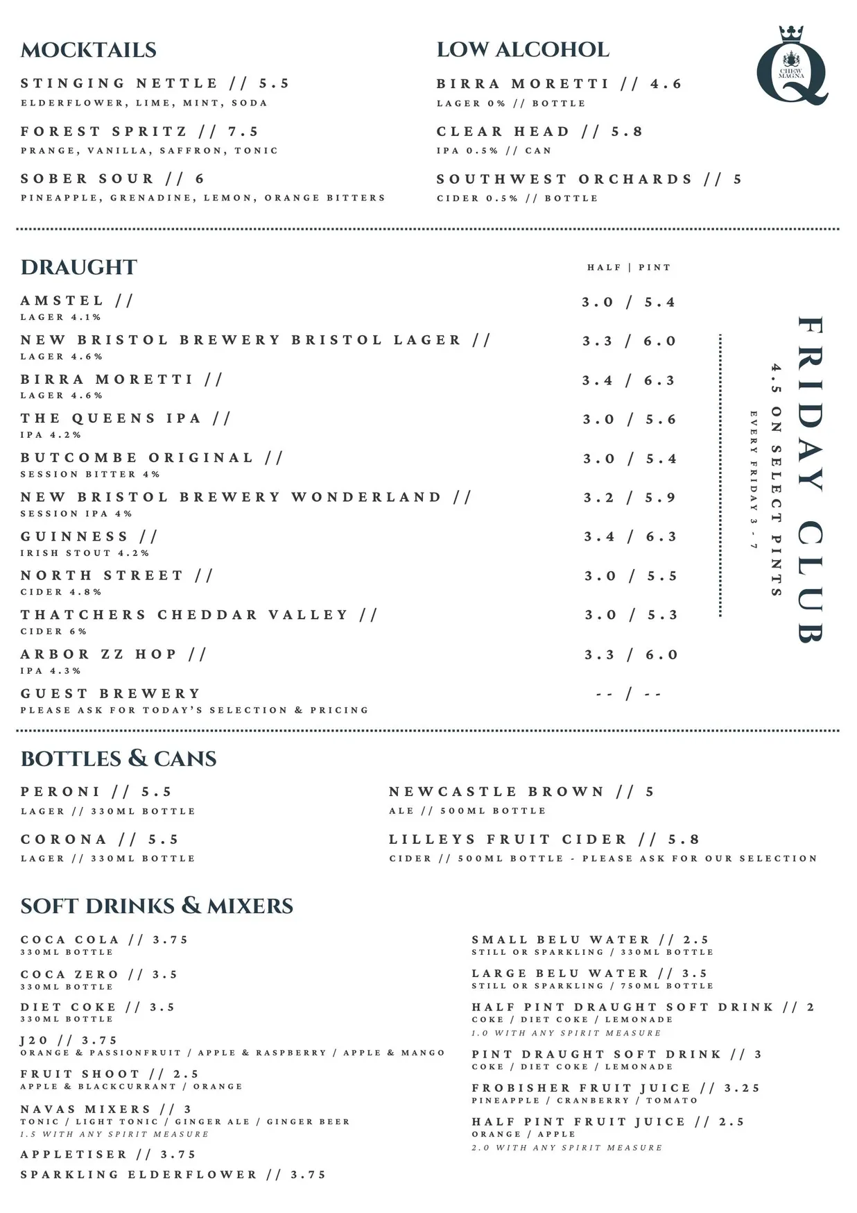 The Queens Chew Magna menu, page 5