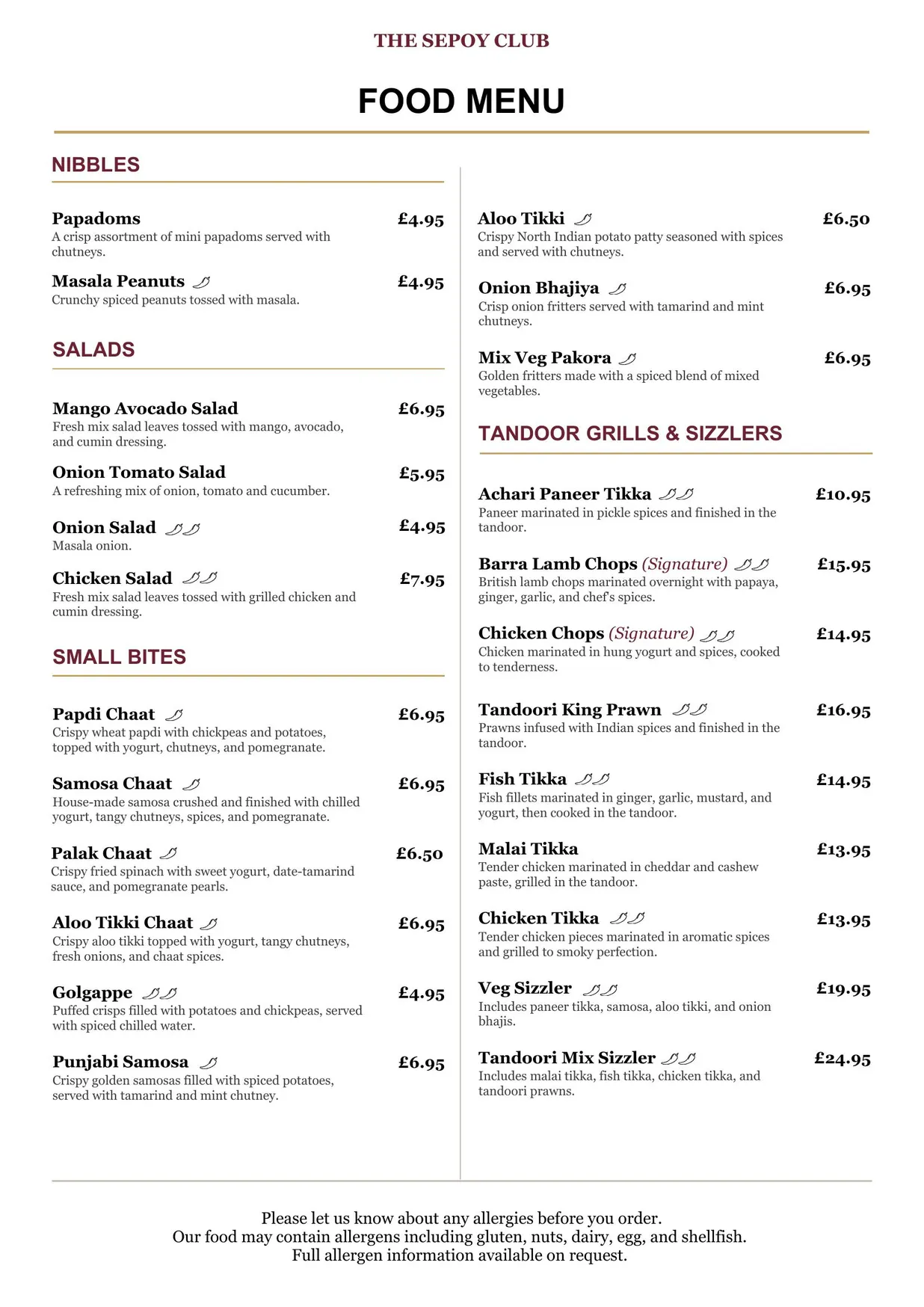 The Sepoy Club menu, page 1