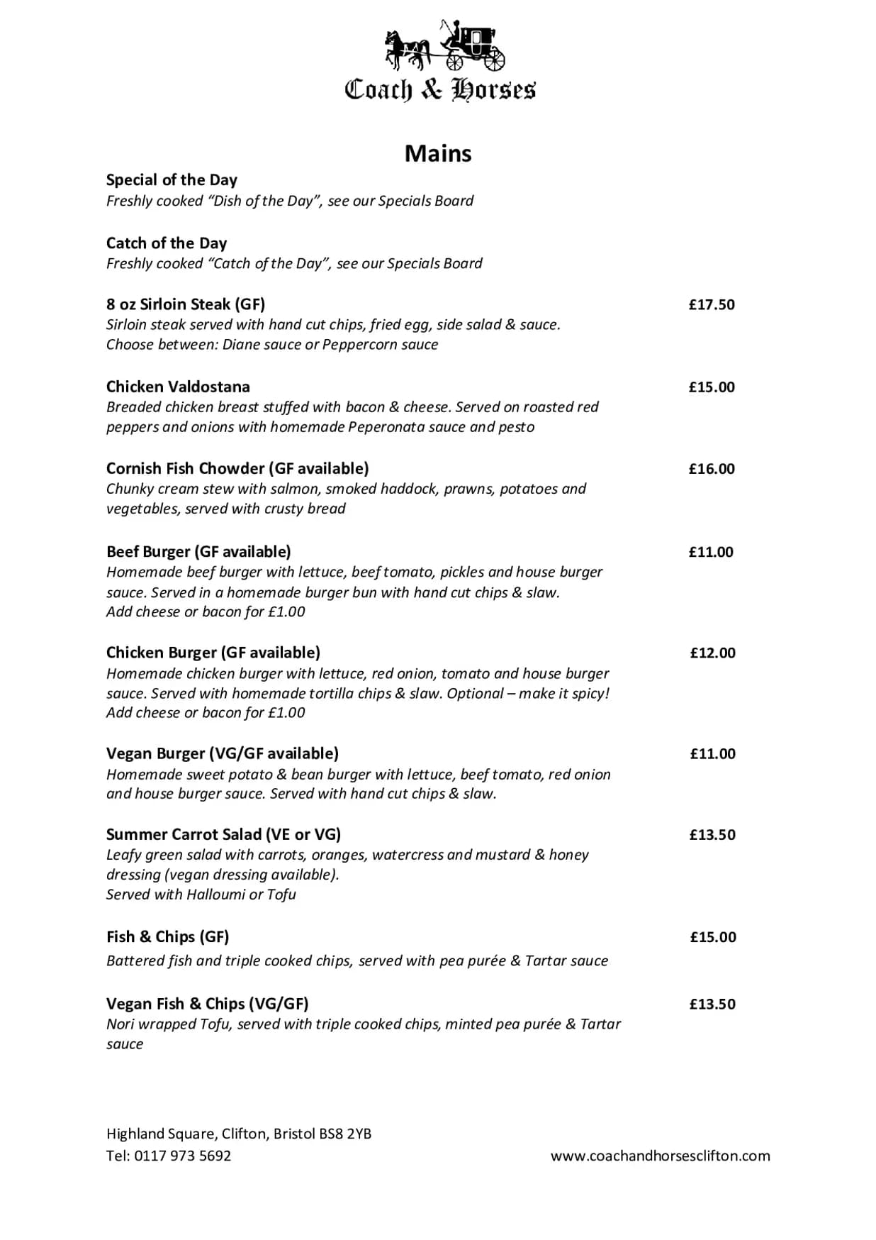 Coach and Horses menu, page 2