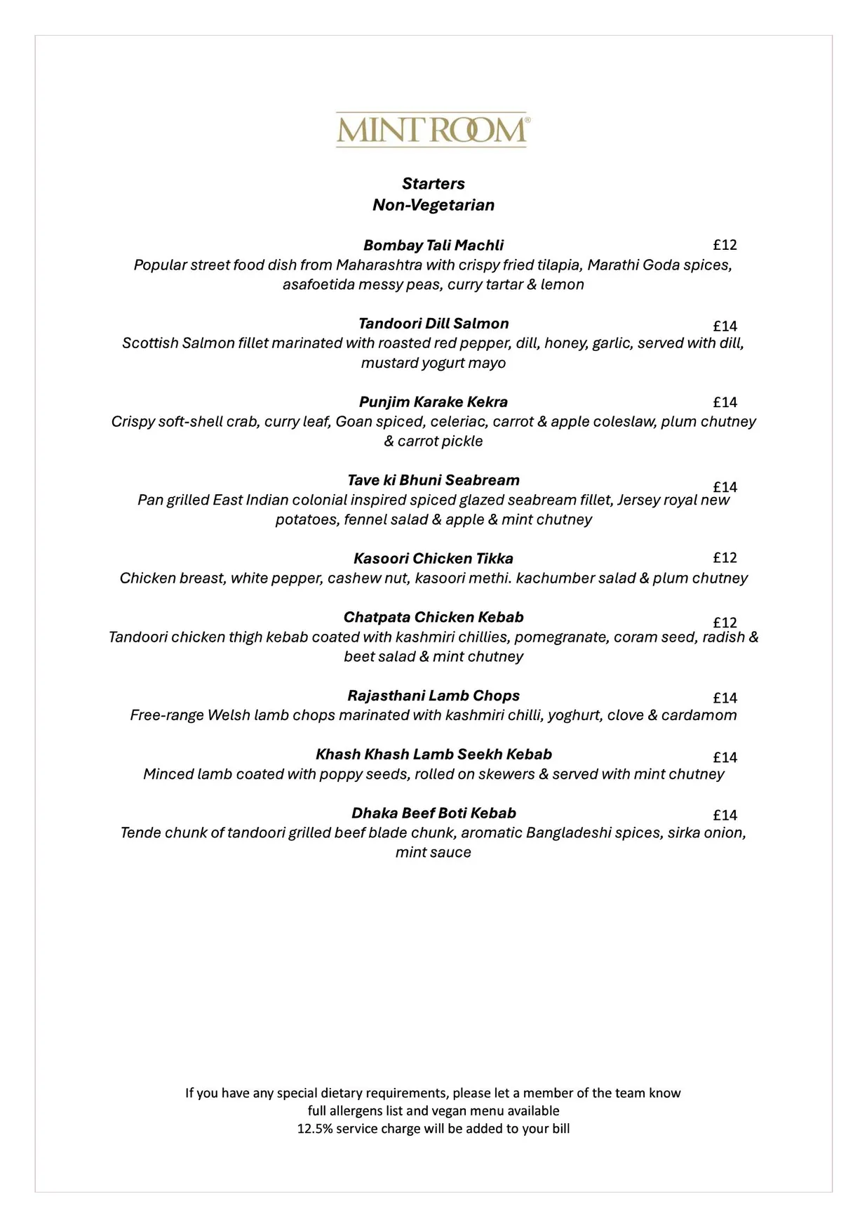 The Mint Room menu, page 1