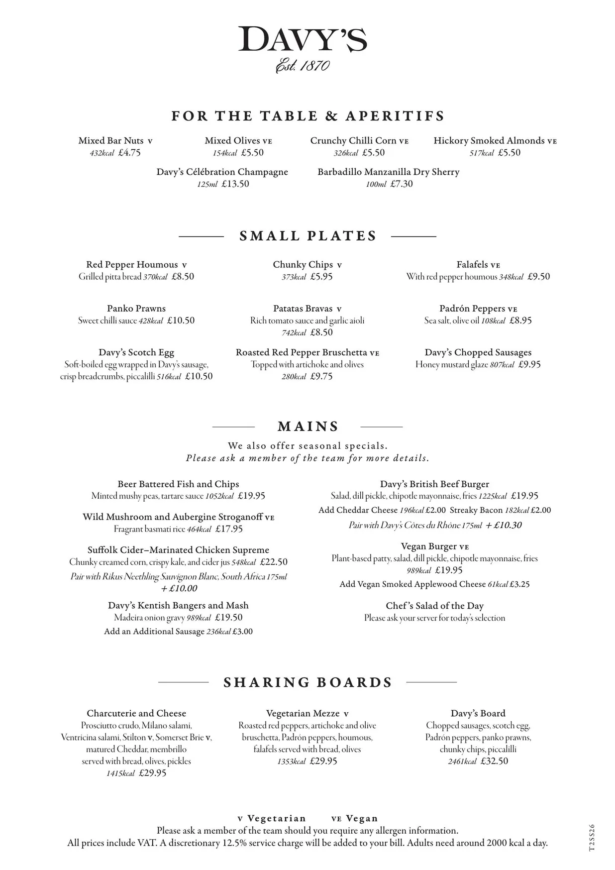 Mug House menu, page 1