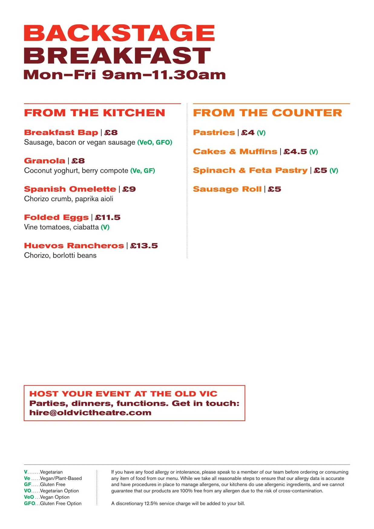 Backstage at The Old Vic menu, page 1