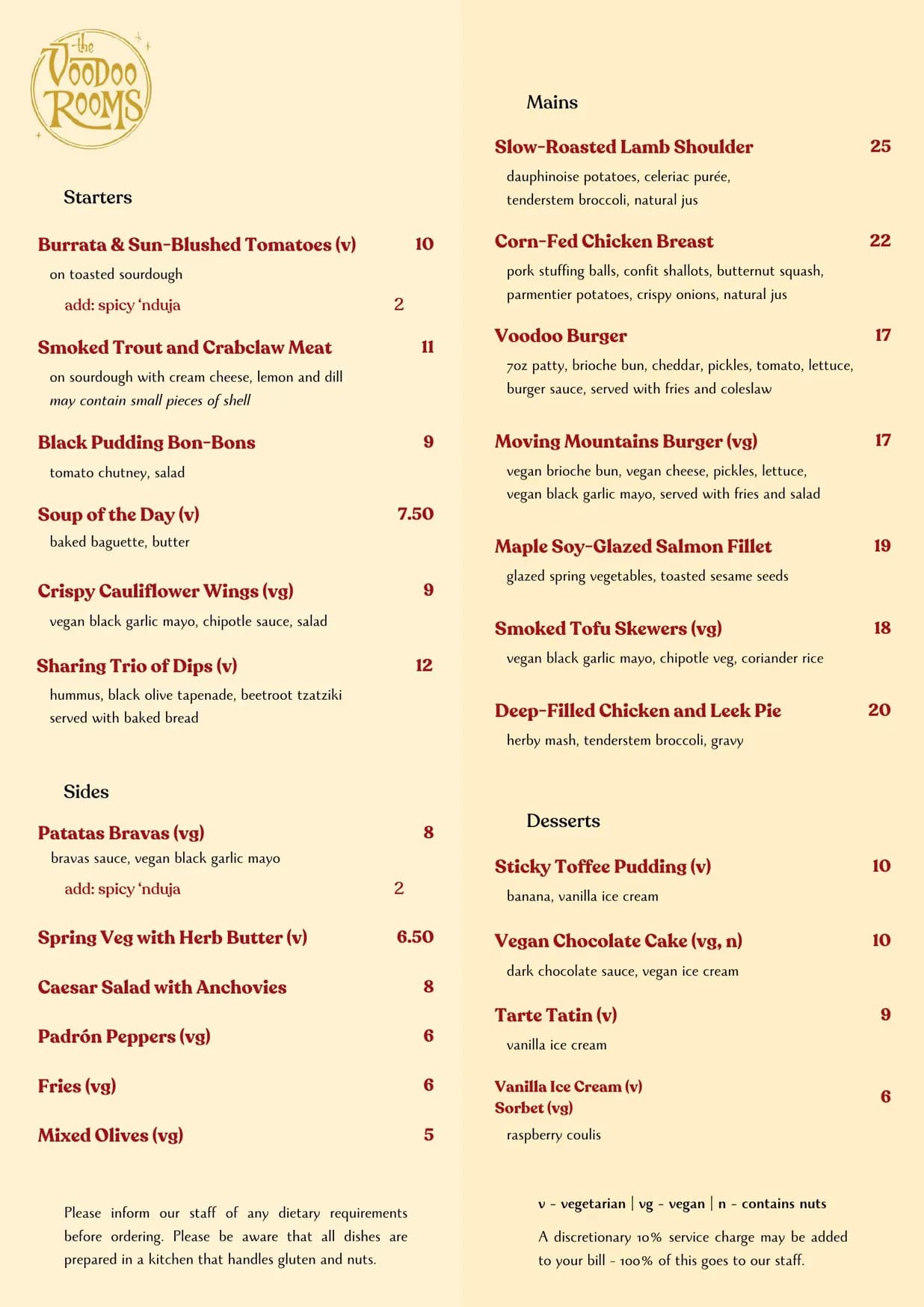 The Voodoo Rooms menu, page 1