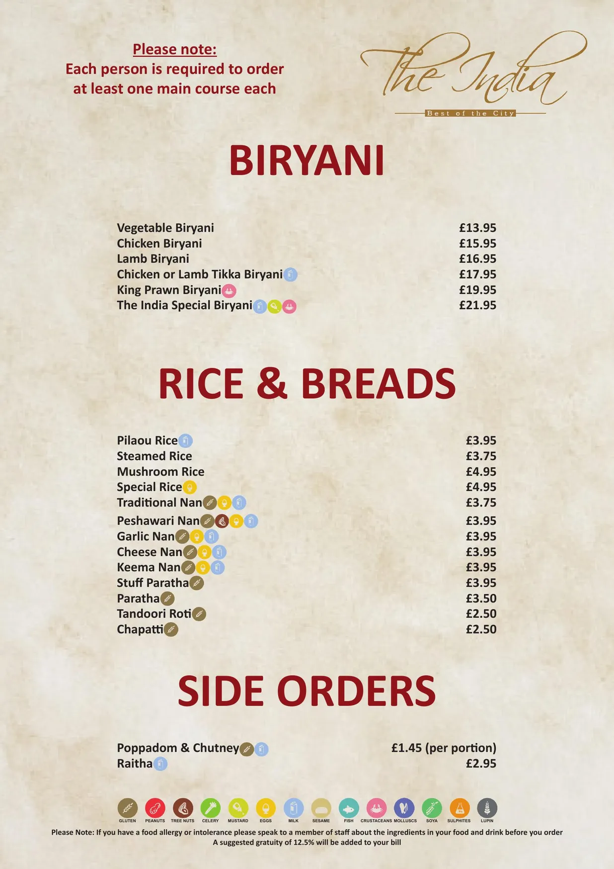 The India menu, page 12