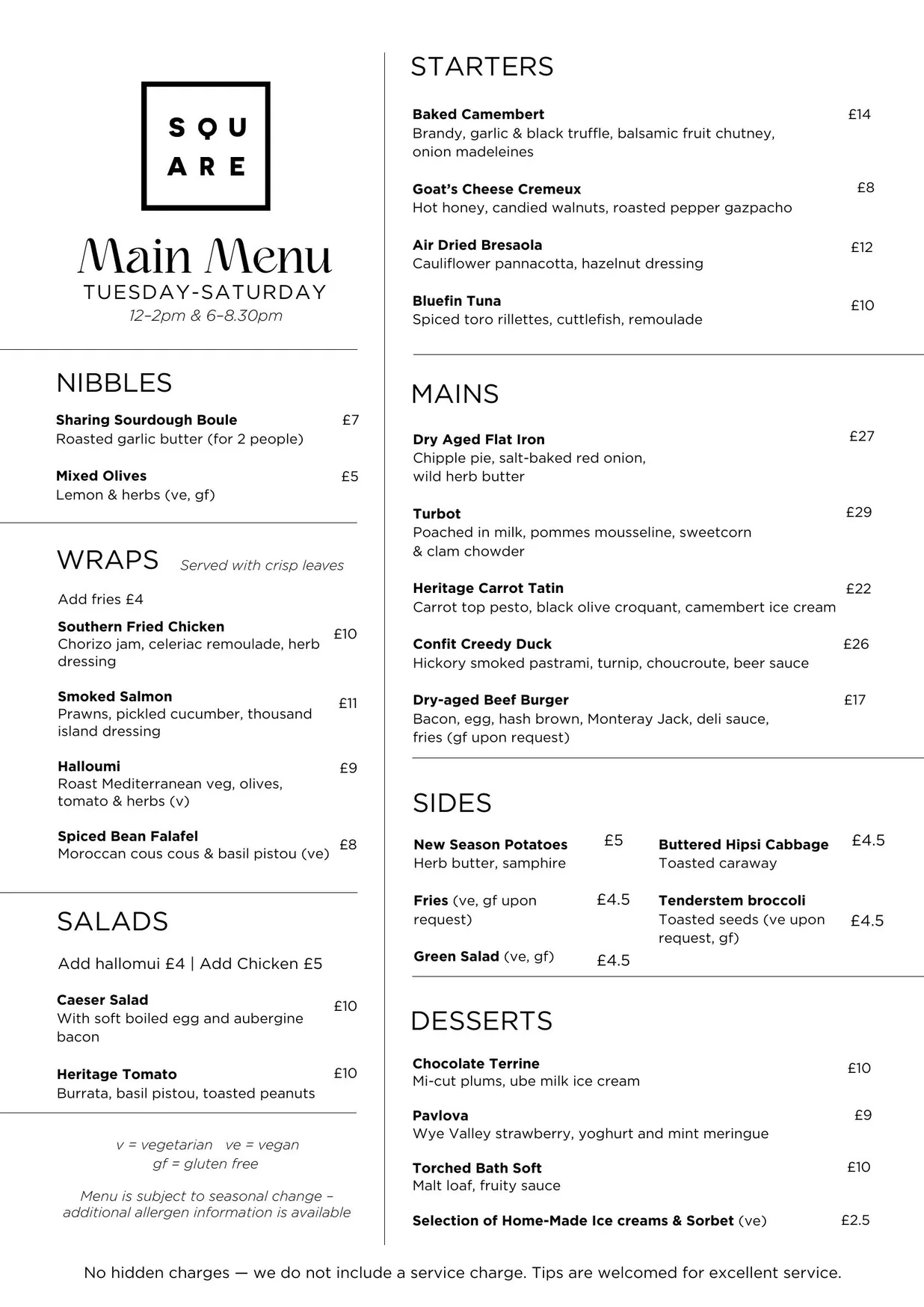 The Square Club menu, page 8