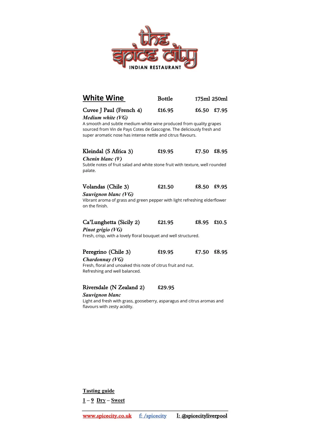 Spice City menu, page 1