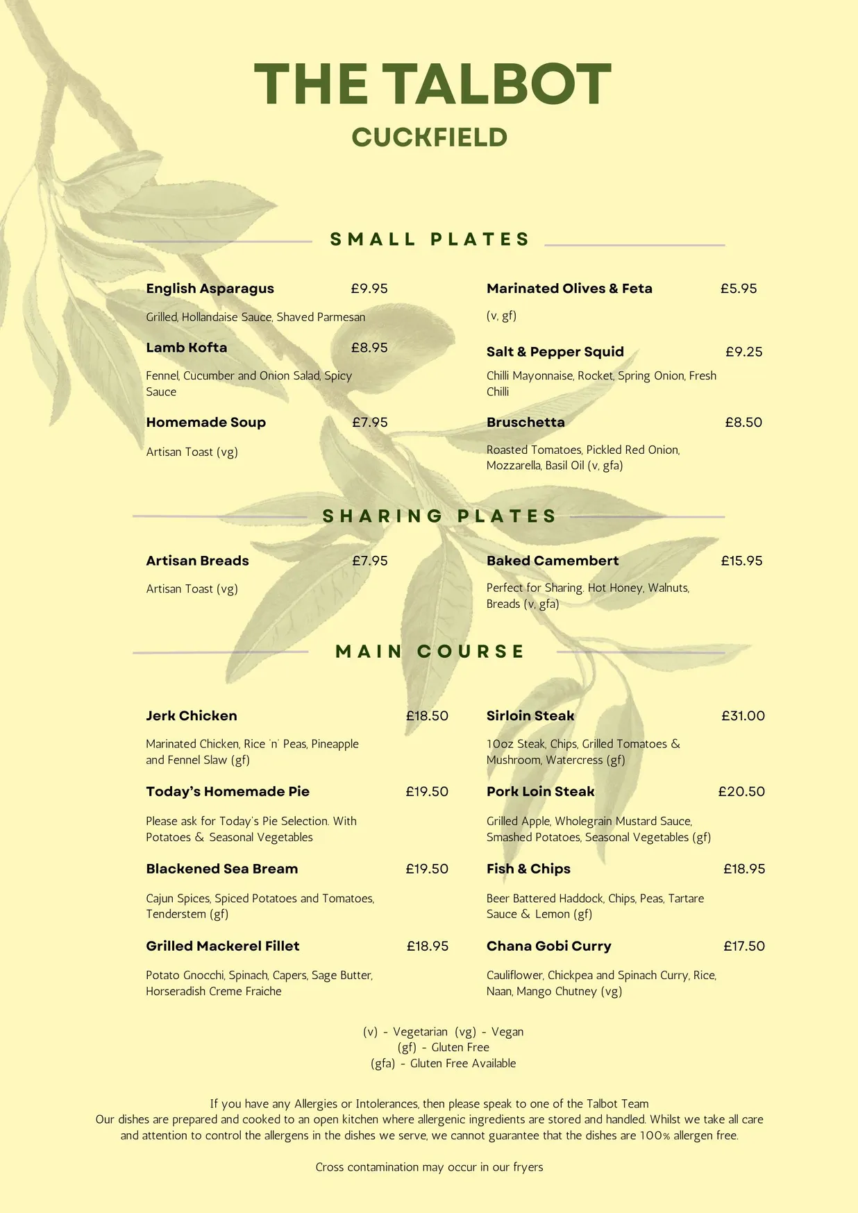 The Talbot menu, page 1