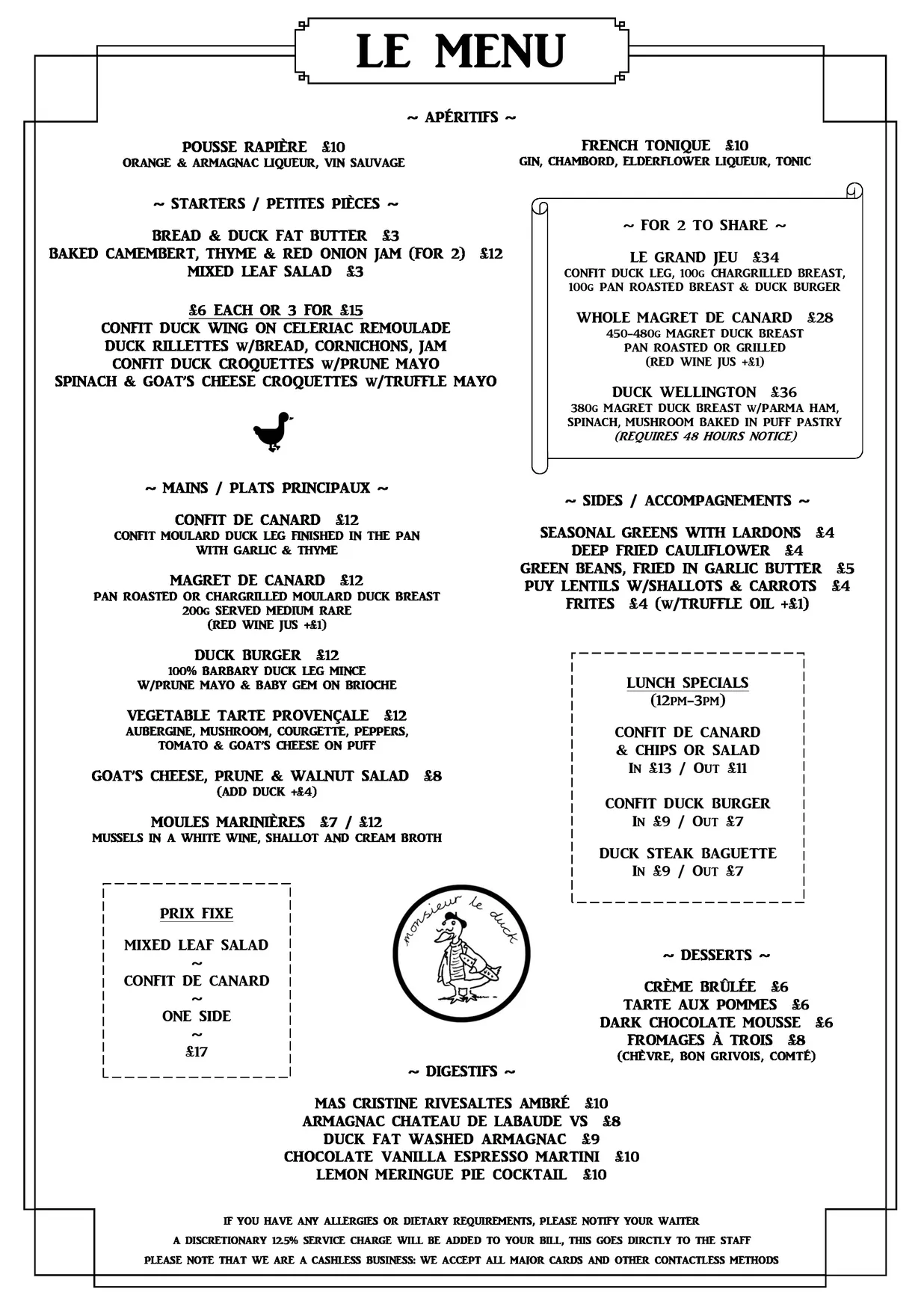 Monsieur Le Duck menu, page 1